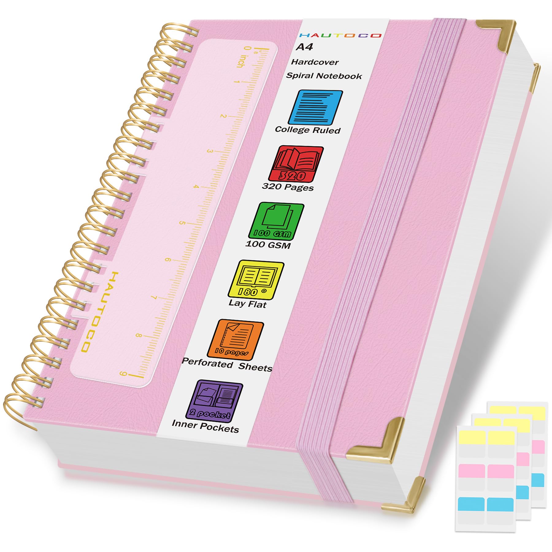 HAUTOCO A4 Notebook, Wirebound Spiral Notebooks with 320 Pages/160 Sheets for Writing, 100GSM Thick Paper, Hardcover Lined Notebook Journal Notepad for Work Office School Business, 29x21.5cm - Pink