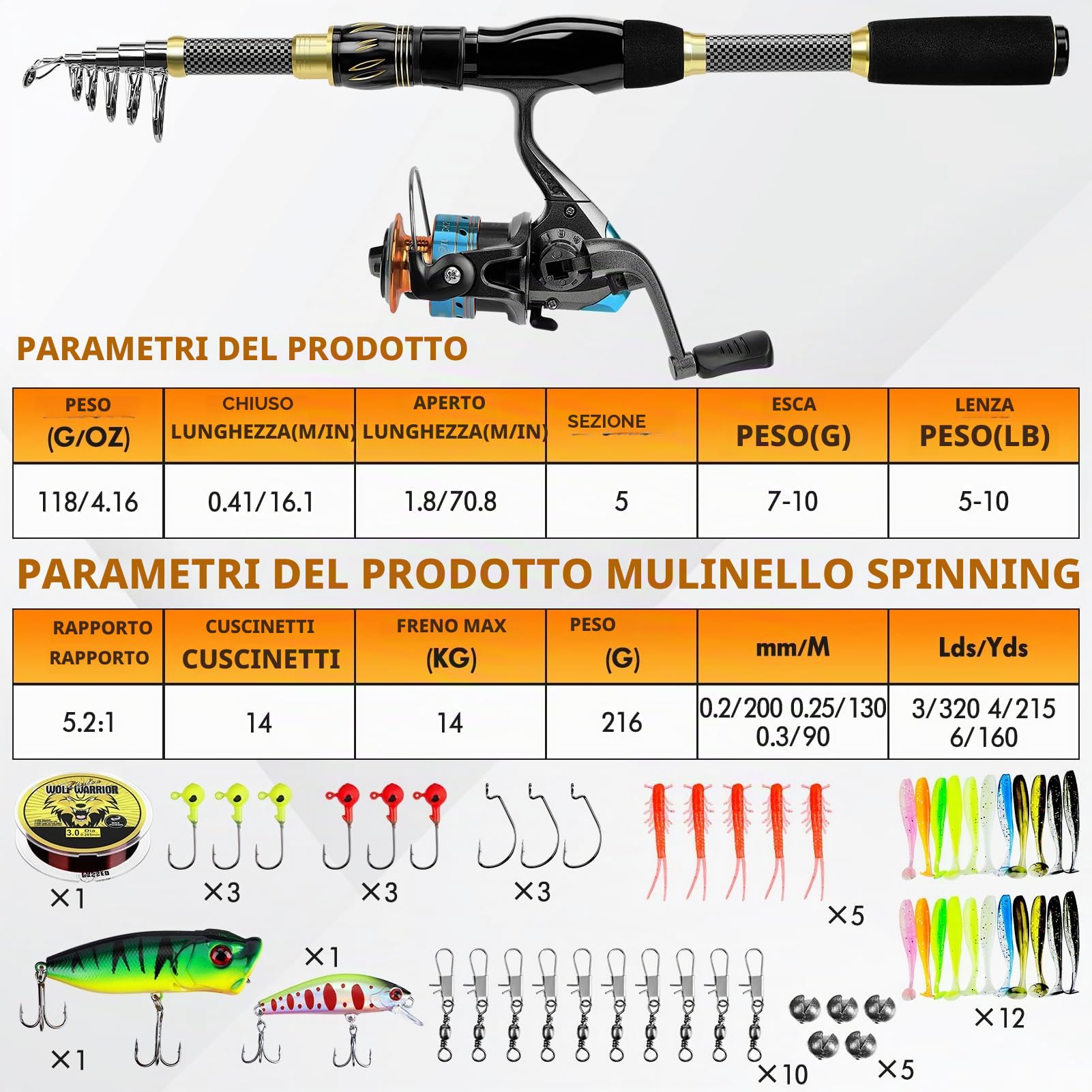 Ertisa Canna da Pesca Spinning, 2.1m Fibra di Carbonio Canne Pesca Telescopica Set Combinato Canna da Spinning e Mulinello da Pesca Esche da Pesca Kit Borsa da Trasporto Per Mare e Acqua Dolce Viaggio