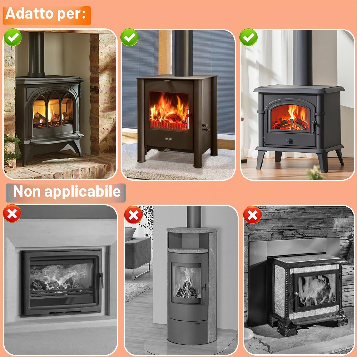 Tomersun Ventola per stufa a legna a 6 pale con termometro a legna alimentata a calore ventilatori per camino/stufa a legna/bruciatore a legna