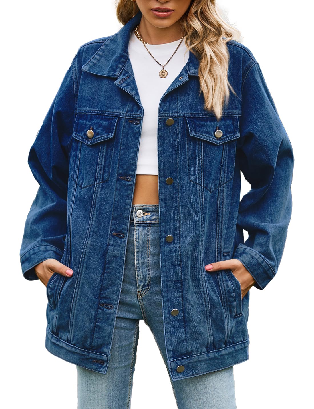 Chaqueta vaquera informal para mujer, holgada, con botones, cuello alto, manga larga, largo
