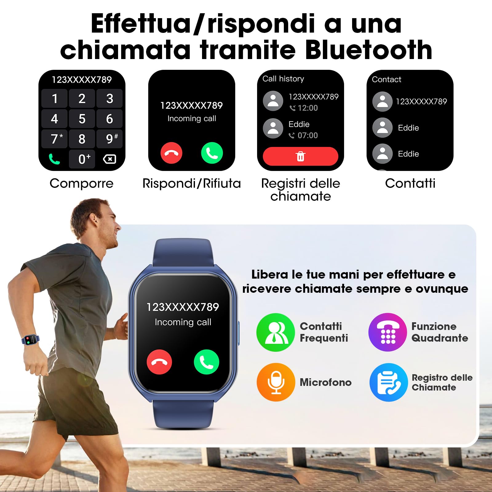 Smartwatch Uomo Donna,1.85" Orologio Smartwatch con Chiamata Bluetooth e Risposta Vivavoce,100+ Sportive Smart Watch con Sonno,Cardiofrequenzimetro,Contapassi,Fitness Tracker per Android iOS (Blu)