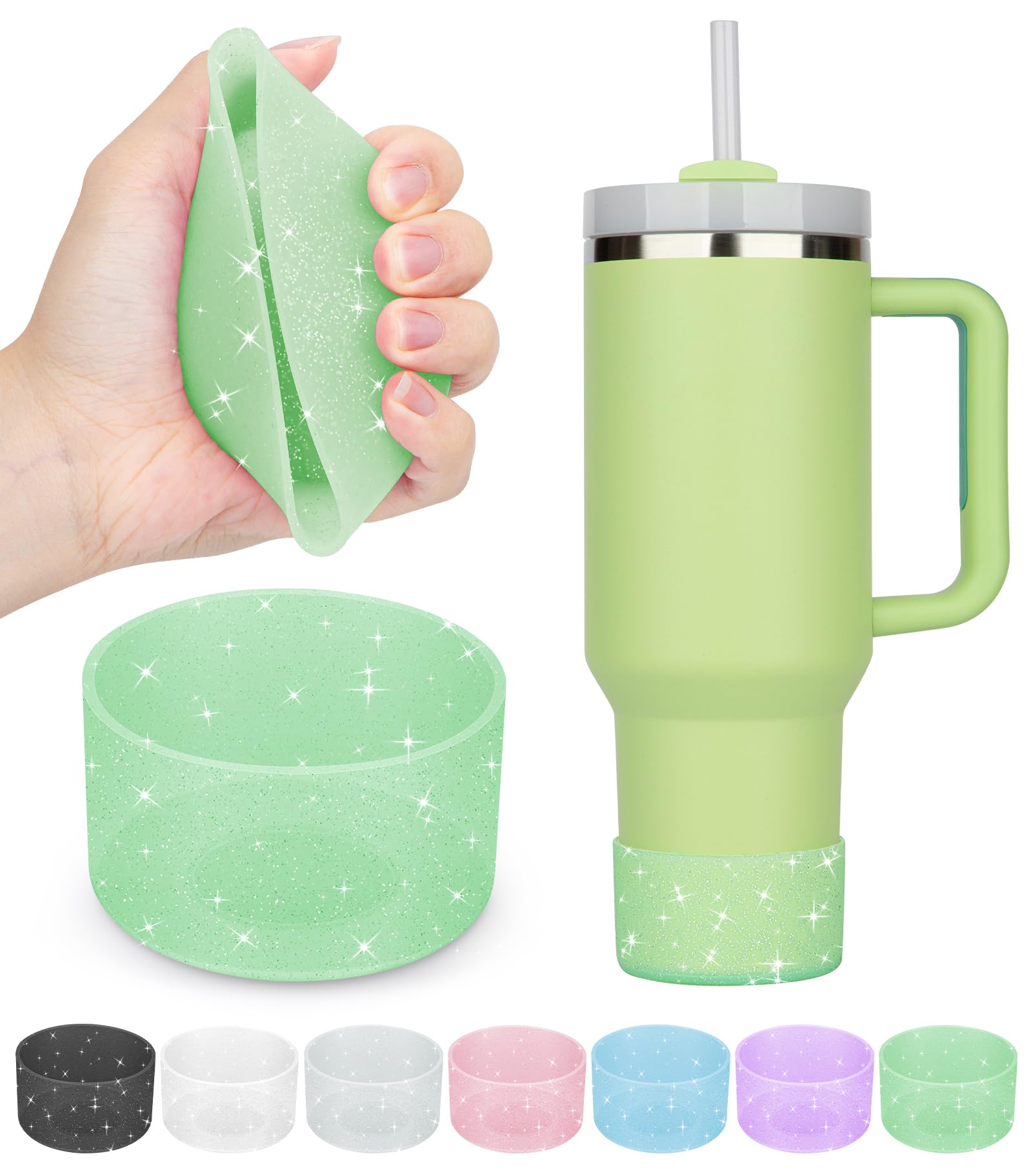 PICcircuit Silicone Boot for Stanley Cup 20-40oz & Hydroflask 12-24oz, Glitter Bottom Protector Tumbler Accessory, Green (2PCS) — image 1