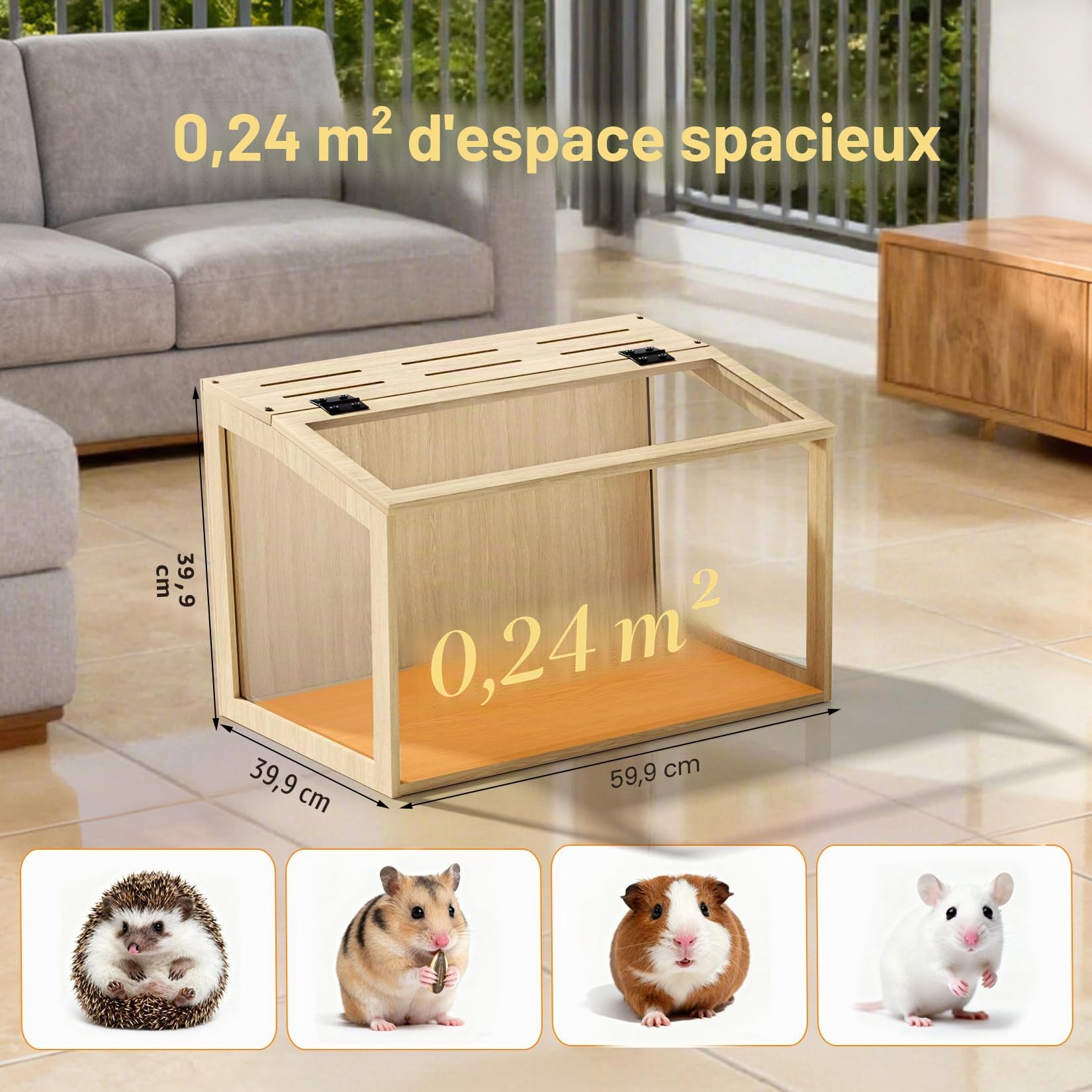 BingoPaw Cage Hamster en Bois, Habitats pour Rongeur Souris avec Fenêtre en Verre Trempé et Trous de Ventilation pour Gerbilles et Cochon d'Inde 60x40x40cm