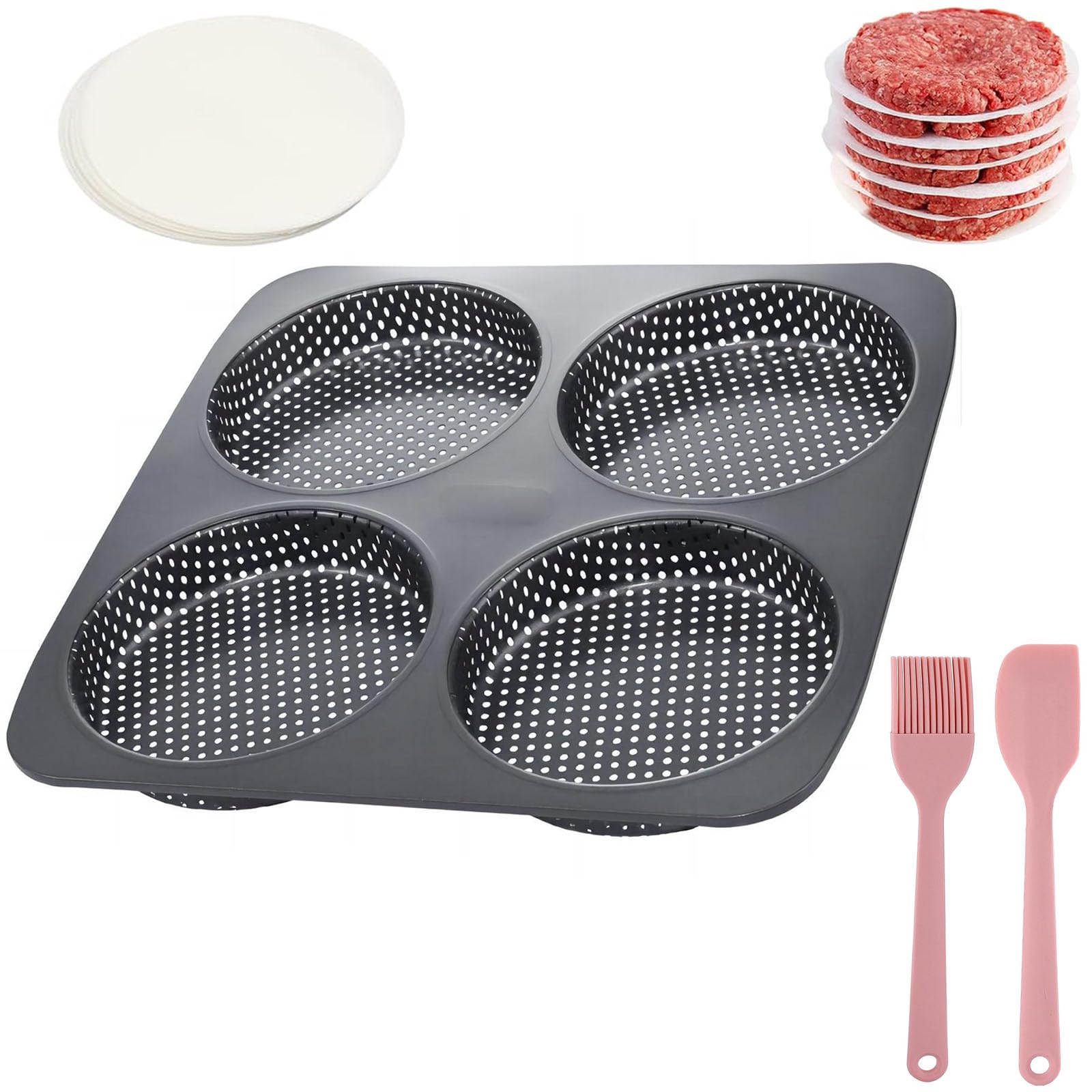 HOMOMSAE Hamburger Bun Pan Set, 5 Inch Commercial Non-Stick Carbon Steel Baking Mold, 4-Cavity Big Baking Pan with 200PCS Patty Papers(4.7”) for Homemade Hamburger Buns Meat Pie Bread Mini Pizza