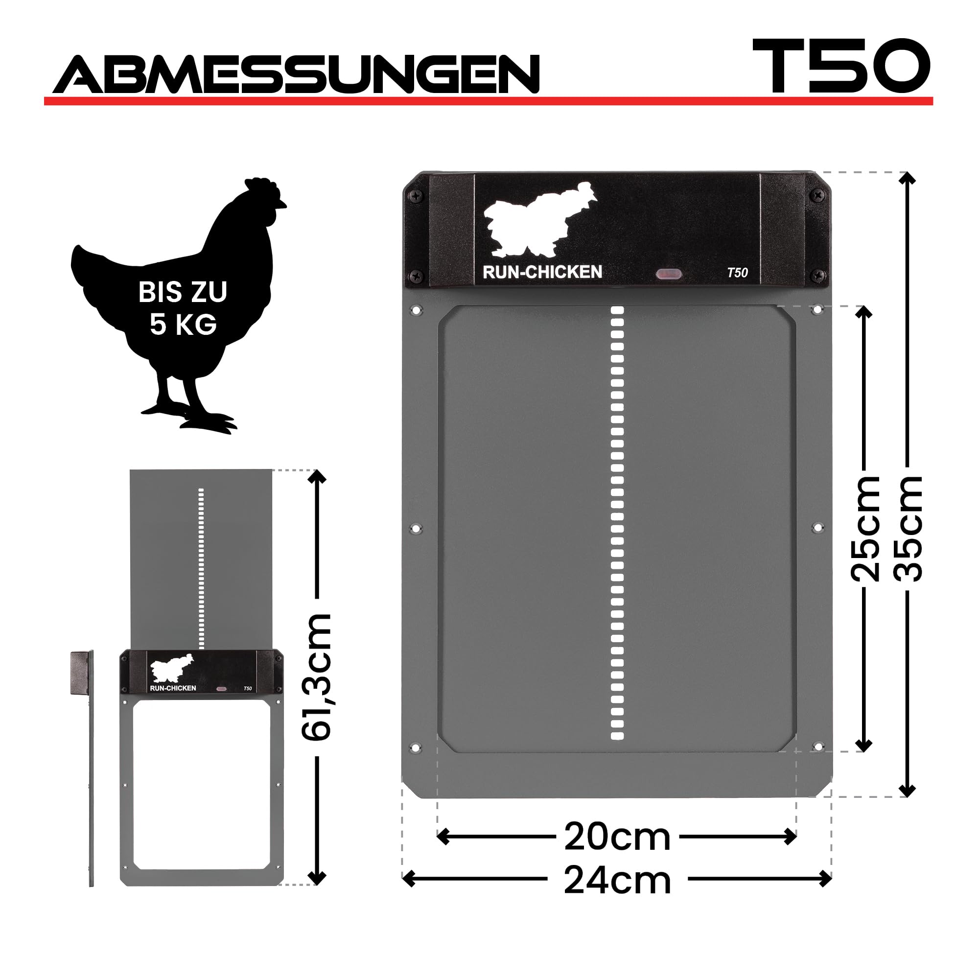 RUN-CHICKEN Tür T50 – automatische Hühnerklappe aus Aluminium, batteriebetrieben & wetterfest, App- & Timer-Steuerung, raubtiersicher, einfache Montage, zuverlässige Ganzjahresleistung (Grau)