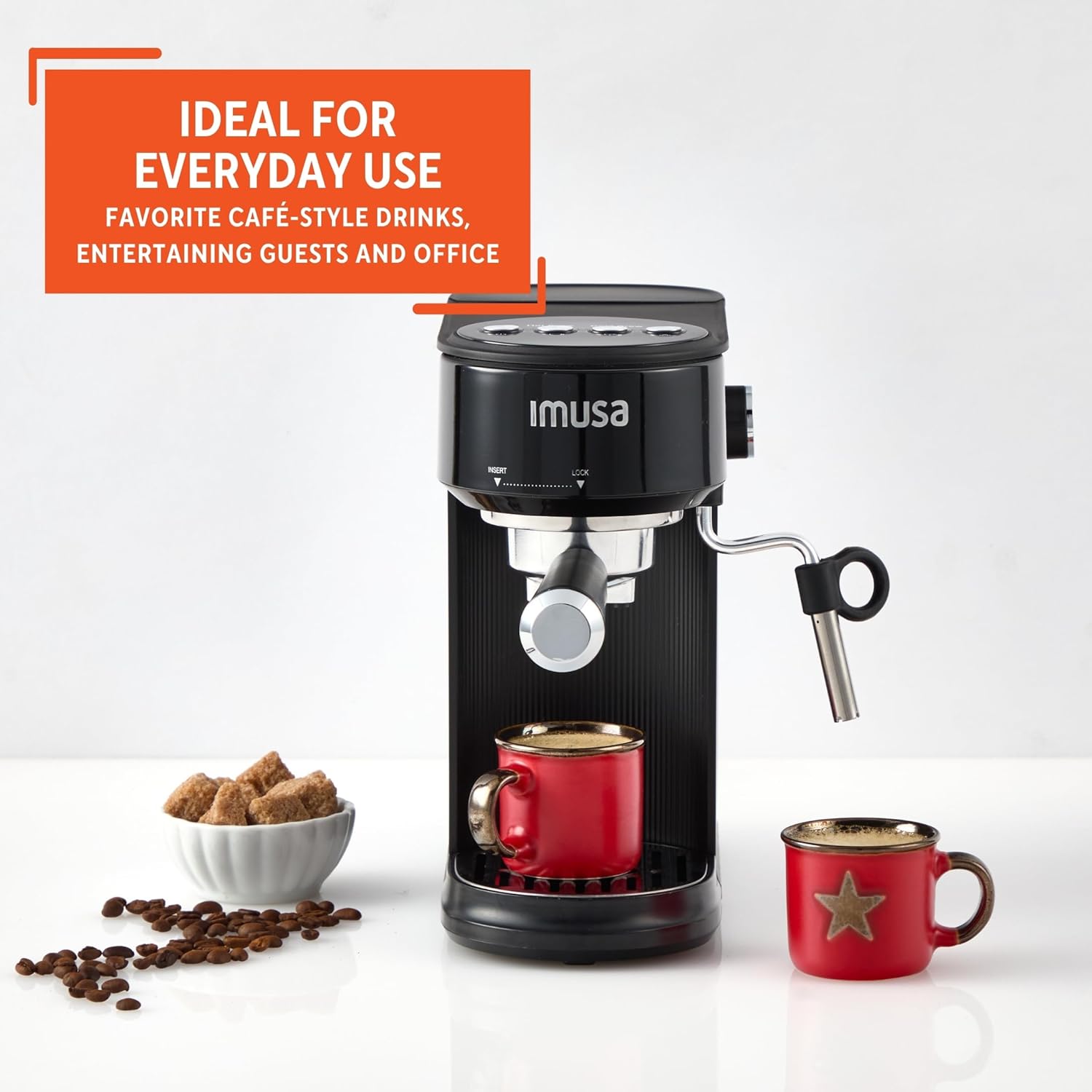 IMUSA 20 Bar Espresso Machine with Milk Frother, Compact 1-2 Cup Espresso & Cappuccino Maker, Thermoblock Fast Heating Coffee Machine, Hot & Iced Latte, Macchiato & Mocha Maker, Matte Black