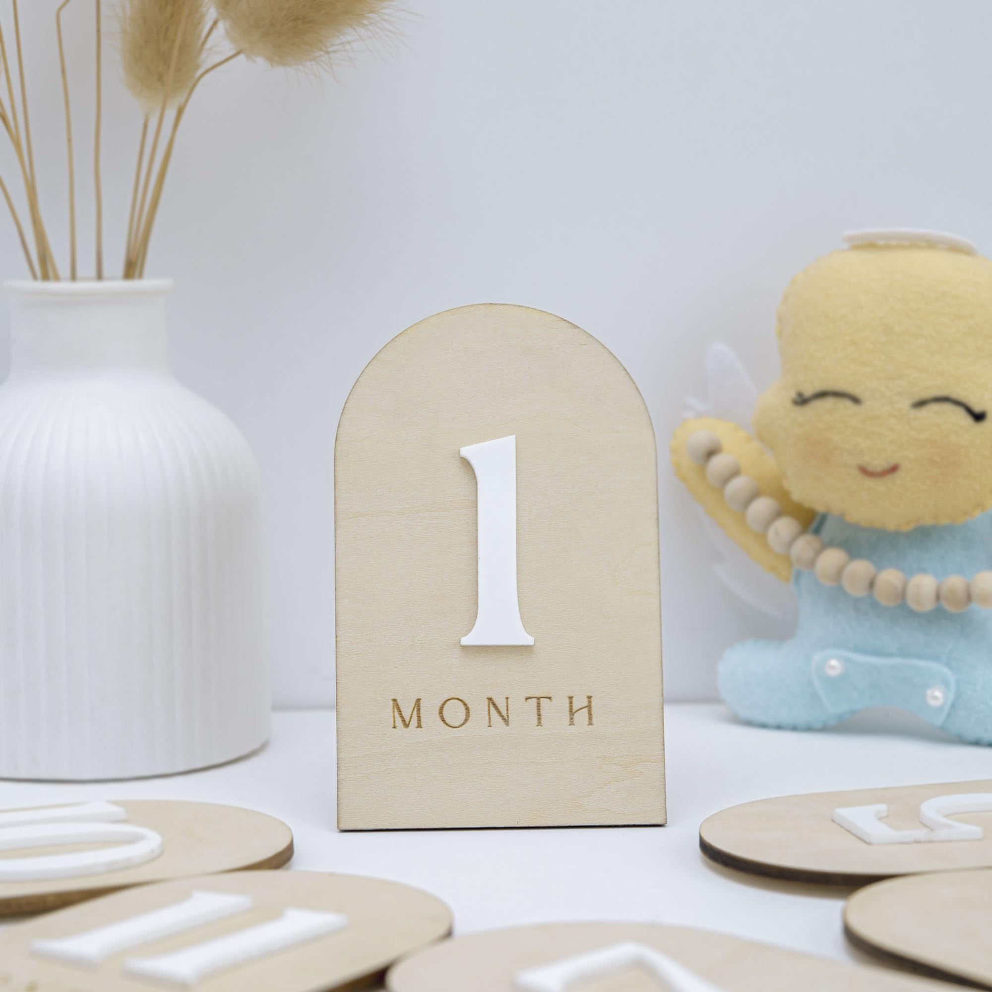 Baby Monthly Milestone Photo Sign, Wooden Floral Design with Pink Bows, Baby Girl Growth Tracker, 1-12 Months (Arch)