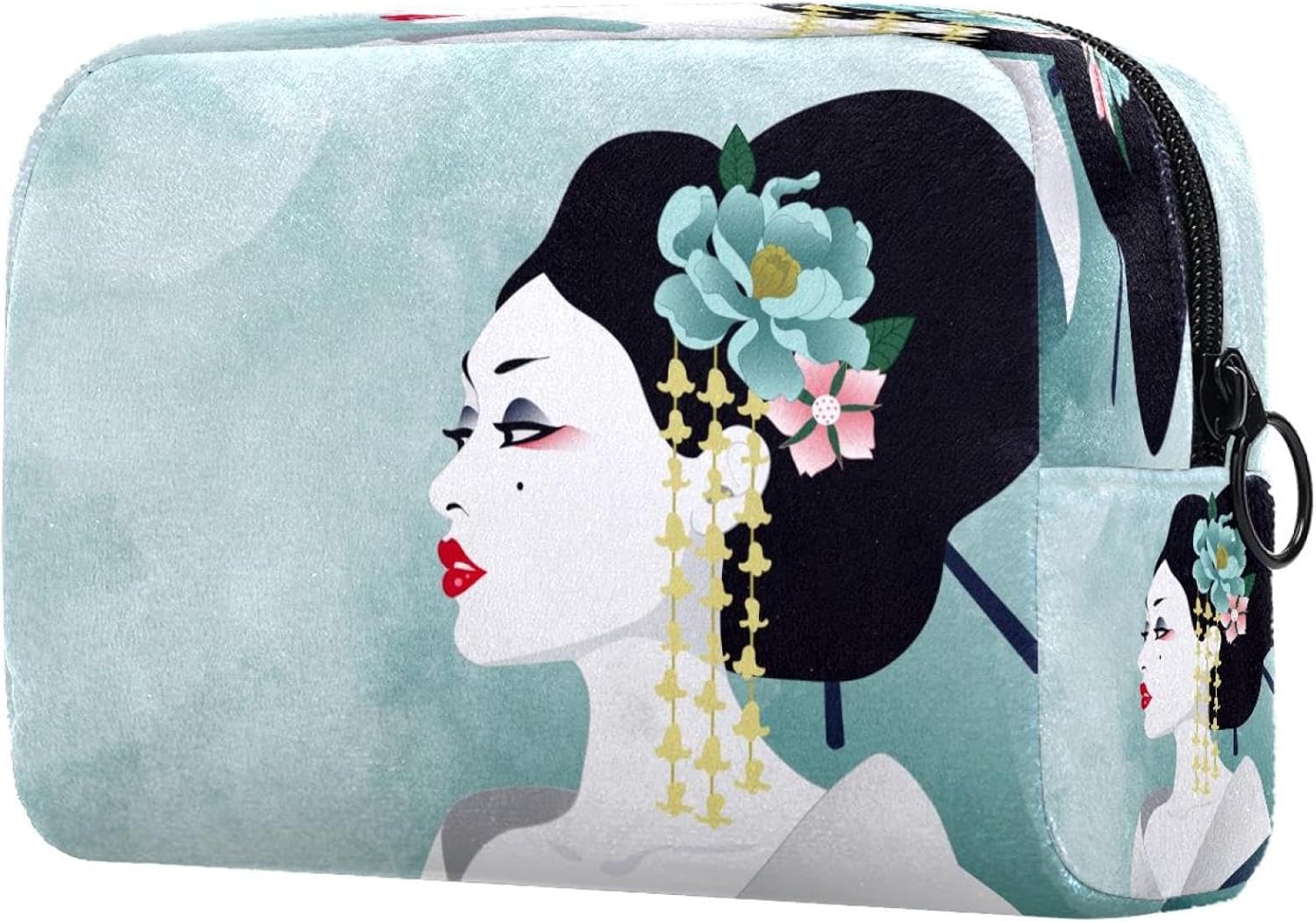 Blue Watercolor Japanese Woman Geisha Cosmetic Bag for Women, Travel Toiletries Bags Large Makeup Handy Pouch Organiser Bag with Zipper