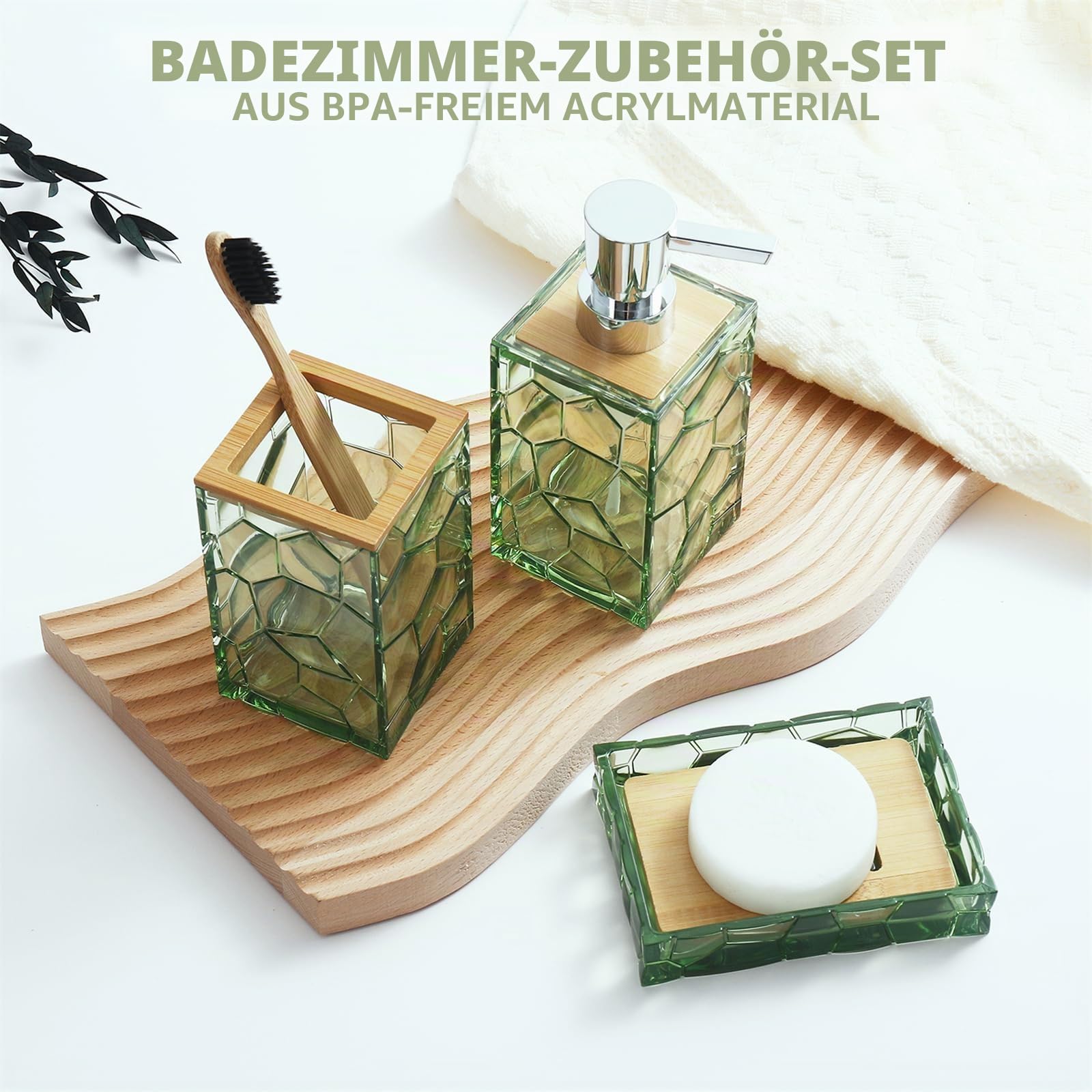 GAHEFY Salbeigrün Badezimmer-Zubehör-Set, Zahnbürstenhalter, Seifenspender, Wattestäbchen-Halter, Seifenschale, WC-Bürste mit Halter, Boho-Bambus-Badezimmer-Dekor, Acryl (Grün)