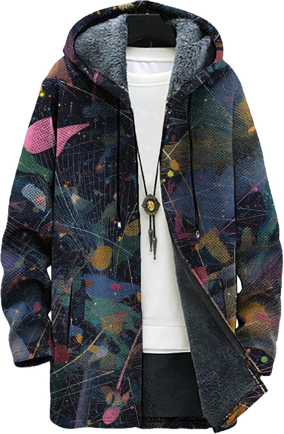 Mens Vintage Ethnic Print Fleece Lined Full-Zip Jacket Big and Tall Comfy Daily Vac...