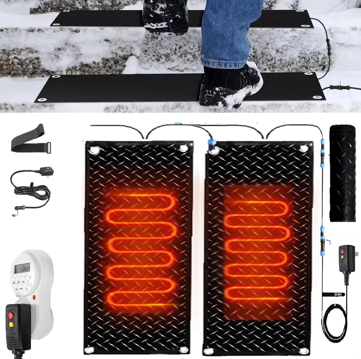 Tappetino riscaldante per sciogliere la neve con timer, 1/2/3/4/5 pezzi per esterni, antiscivolo, per porte e marciapiedi, collegamento con cavo di alimentazione da 3 m (2