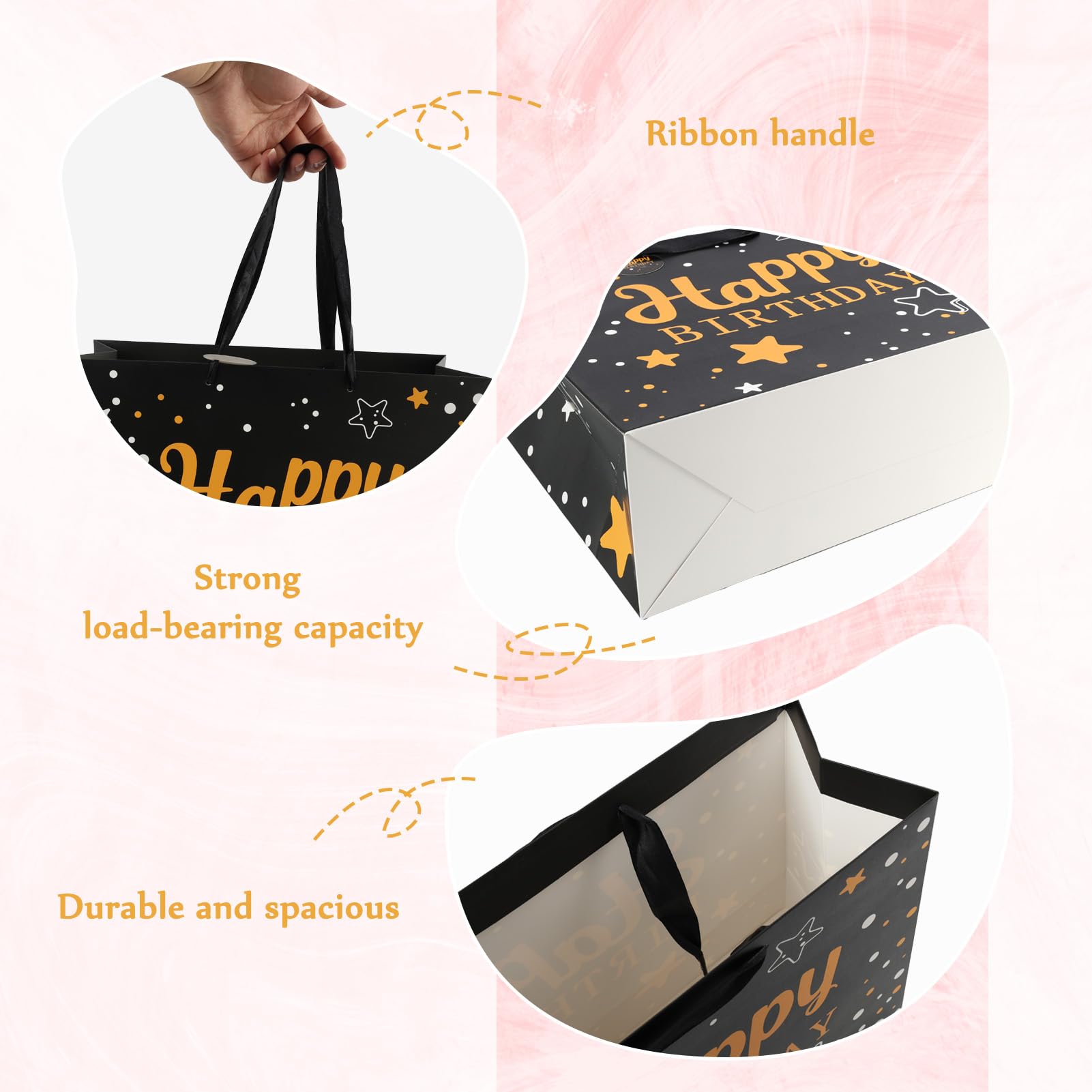 LUCTHY Large Birthday Gift Bag with Handles, 3 Tissue Papers, Card, Black-1 - Image 3