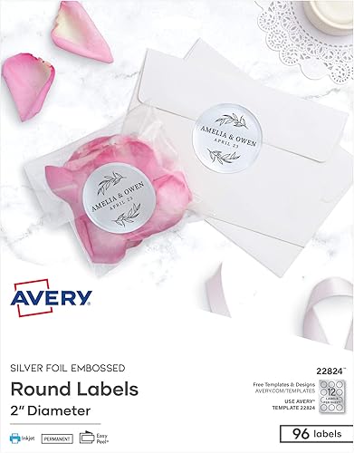 Miniatura 1 de Avery Etiquetas redondas de papel de aluminio en relieve imprimibles 2 pulgadas de diámetro plata 96 etiquetas personalizables 22824