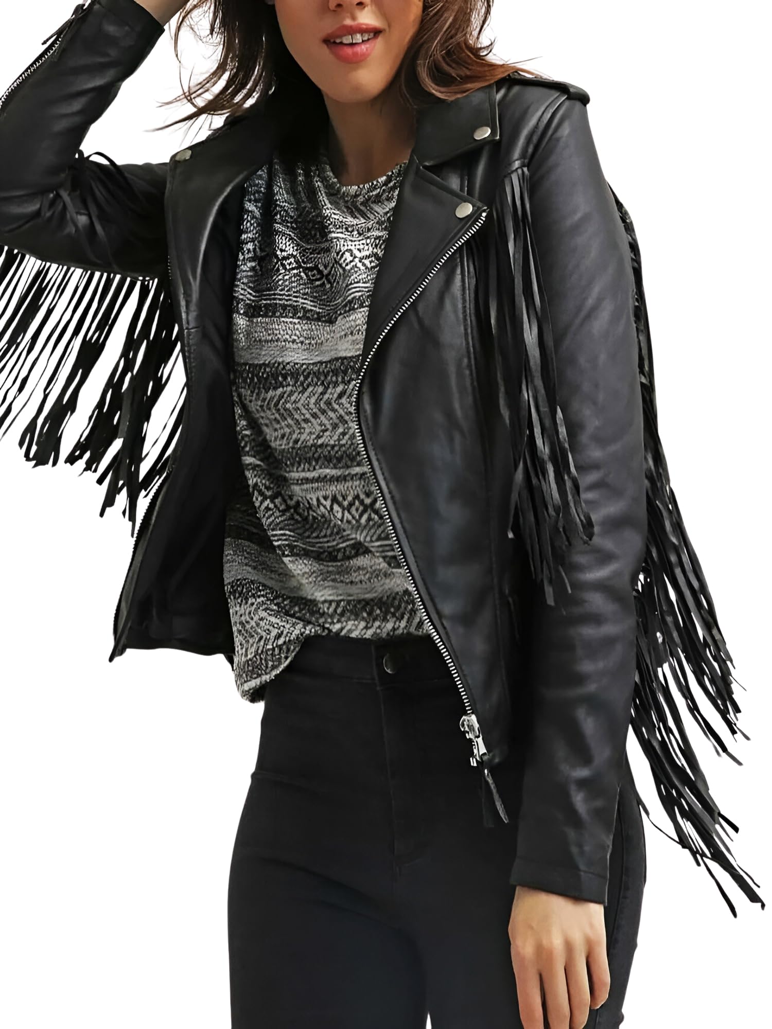 Aksah Fashion Women's Black Tassel Fringed Leather Jacket Coat Motorcycle Biker Genuine Leather Jacket