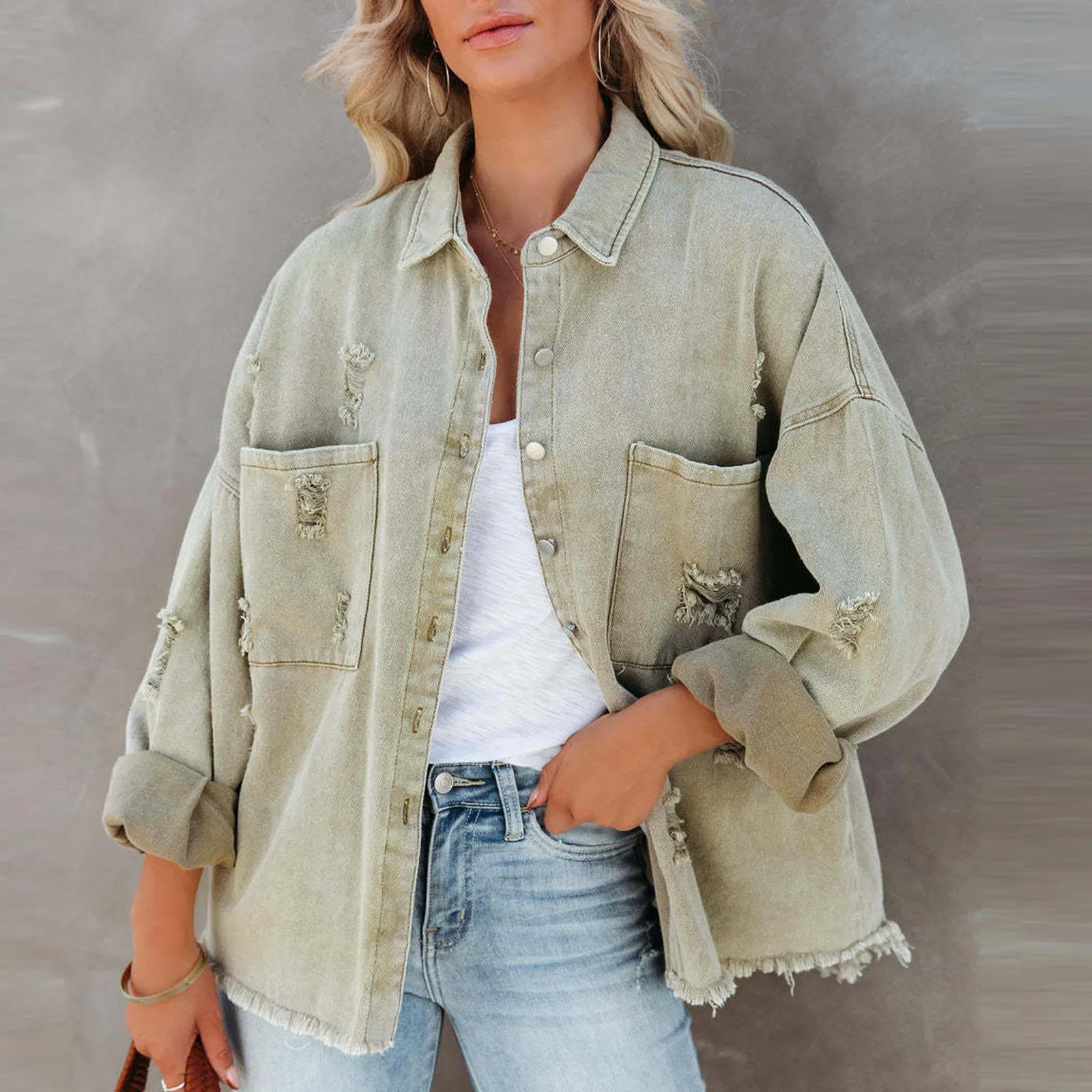 Giacca Uomo Giacche di Jeans Strappate da Donna A Manica Lunga Abbottonati Giuli Sciolti Giacche da Ragazza in Jeans