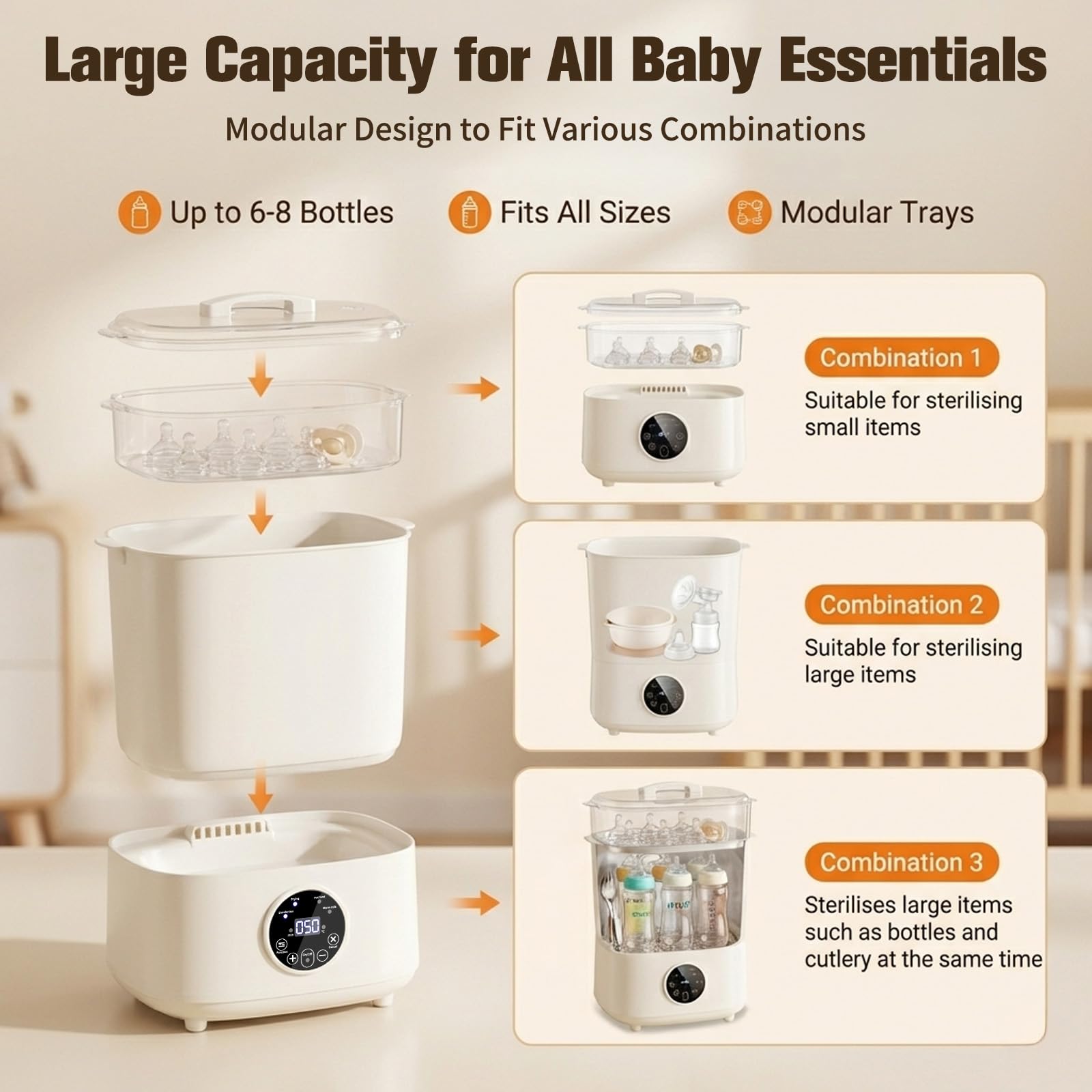 Sterilisator und Trockner für Babyflaschen, 4-in-1 Elektrischer Dampfsterilisator für Flaschen, Milchpumpen-Zubehör, Schnuller, Große Kapazität für 5-8 Flaschen, Automatische Abschaltung