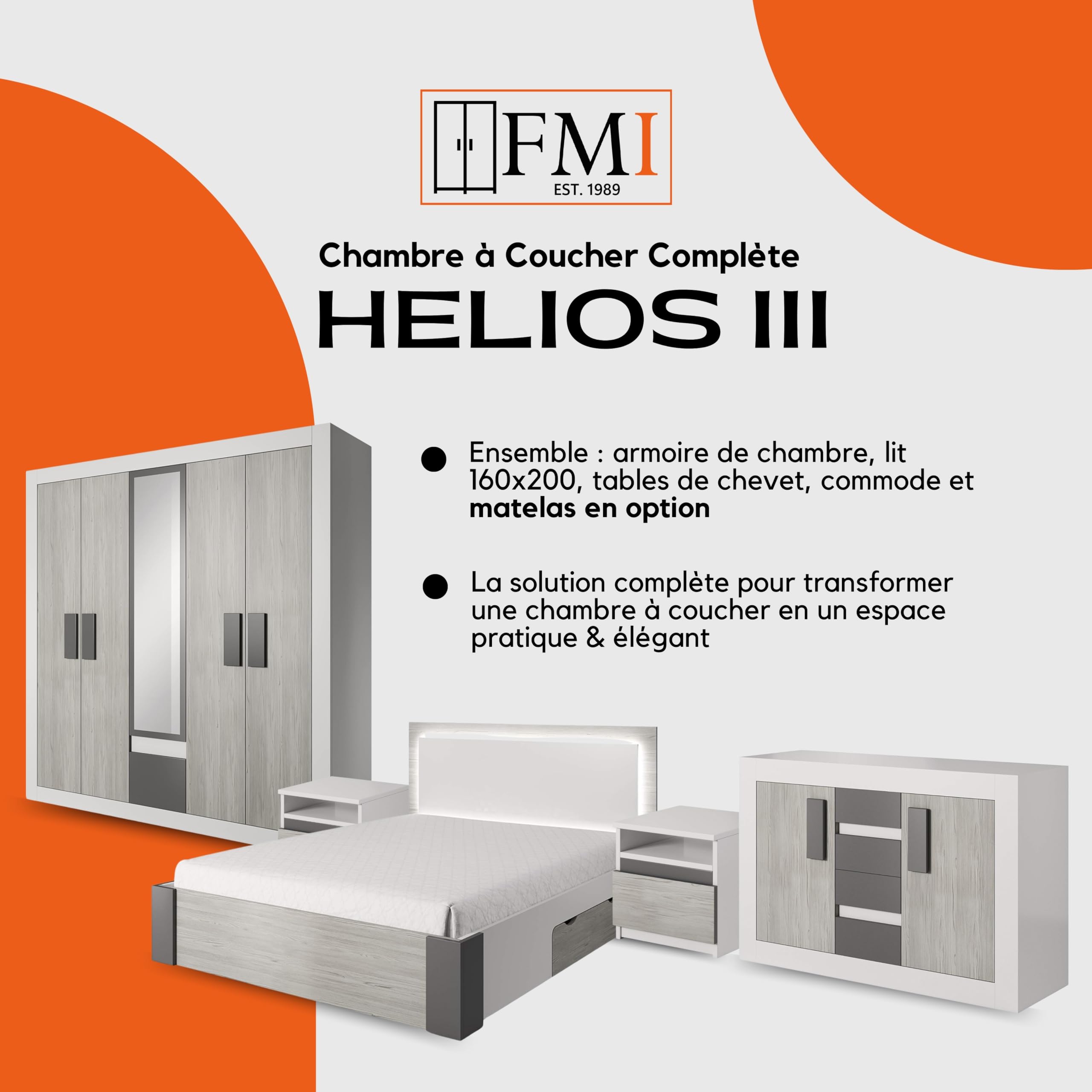 Hellios III - Chambre à Coucher Adulte Complète Avec lit 160x200 Avec Matelas, 2 Tables De Chevet, Commode, Armoire Avec Portes Coulissantes L:231 x H:210 x P:57 cm, Superb - Blanc/Kathult+Gris
