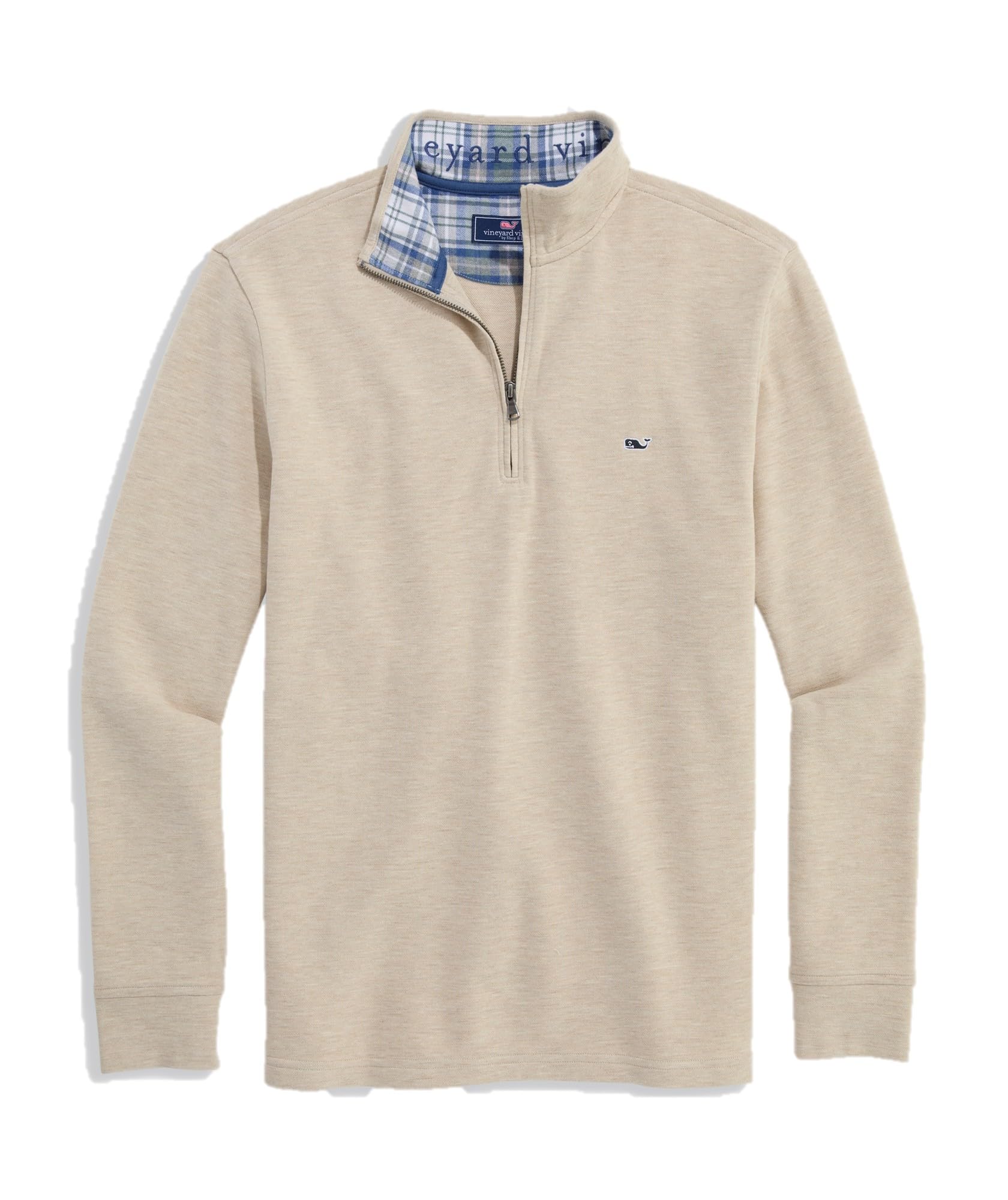 Vineyard Vines Men's Plaid Collar Saltwater Quarter-Zip Pullover Sweater, Stone, XL
