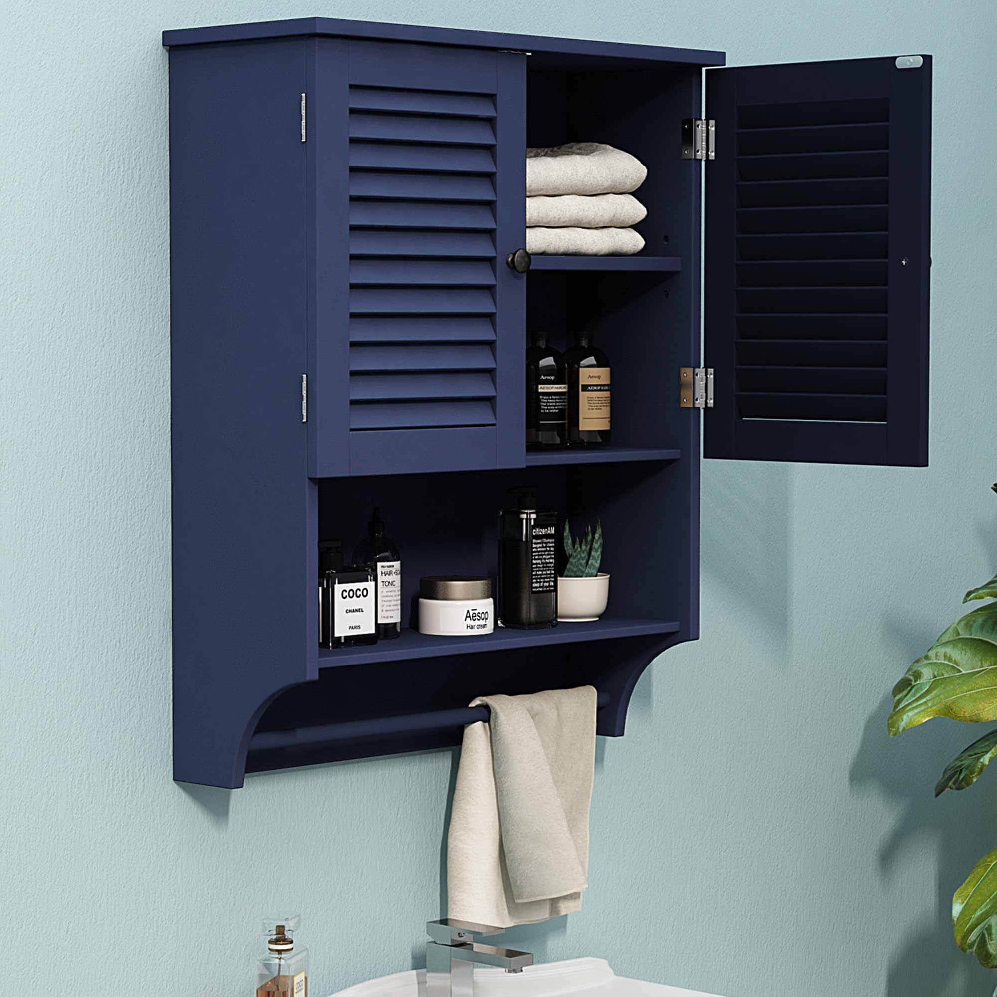 ChooChoo Bathroom Wall Cabinet with Towels Bar, 23.6" L x8.9 W x29.3 H MDF Material Medicine Cabinet, 2 Doors Over The Toilet Space Saver Storage Cabinet with Large Space, Navy Blue