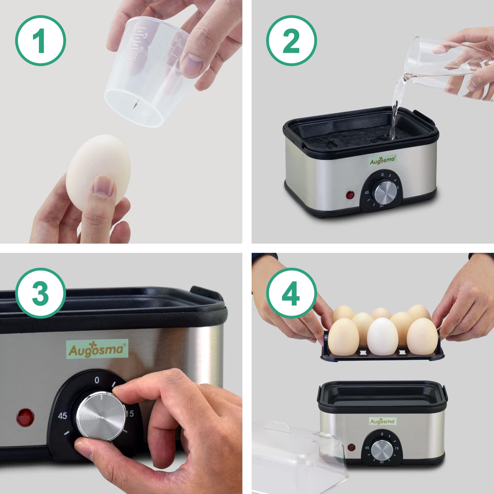 2 en 1 cocedor de huevos de acero inoxidable con sartén, cocedor de huevos para 1-8 huevos con ajuste de tiempo para ajustar la dureza, taza medidora con perforador de huevos, desconexión auto
