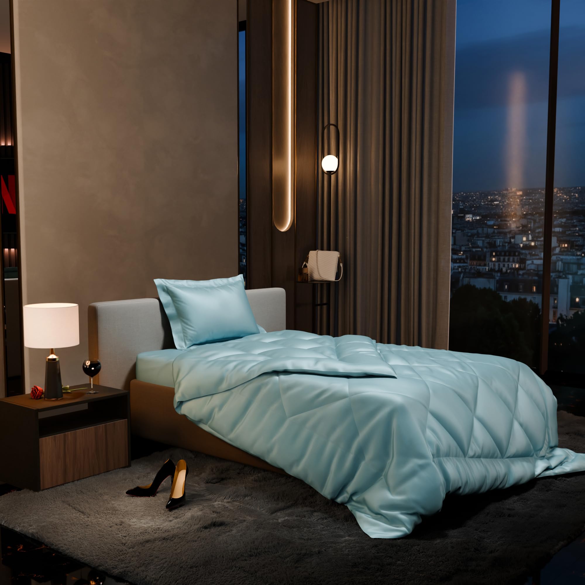 Stoa Paris Satin Comforter Set Single Bed with Satin Bedsheet & Pillow Covers, 300TC Complete Bedding Set, Ideal Gifts for Women, Couples, Bedroom Home Furnishing, Date Night - Dreamy Blue