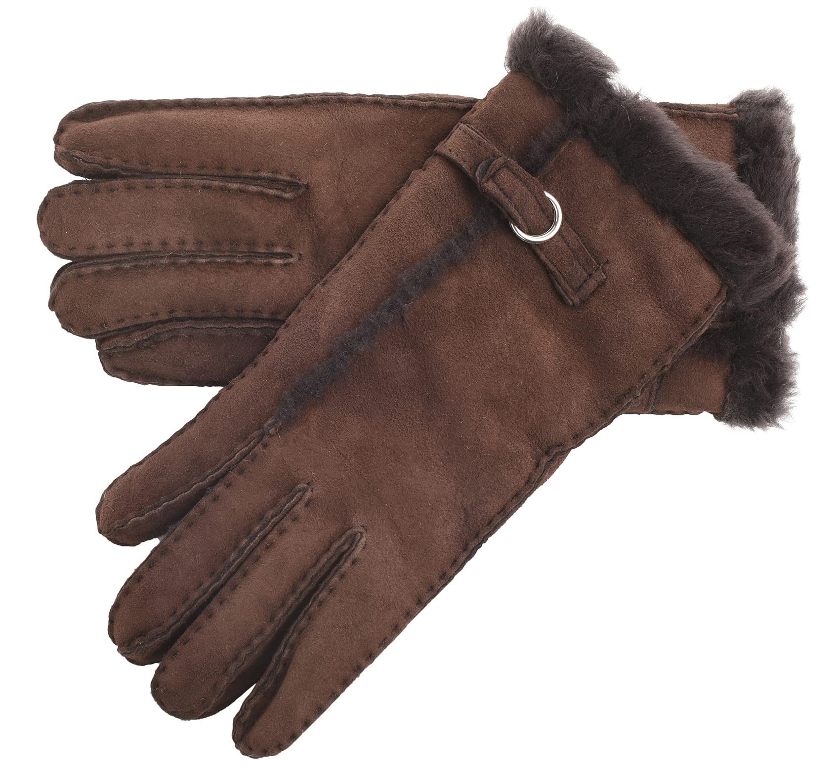 Lambland Women's Premium Sheepskin Gloves with Buckle Feature and Wool Out Trim Ladies Cold Weather Glove in Chocolate Size Medium