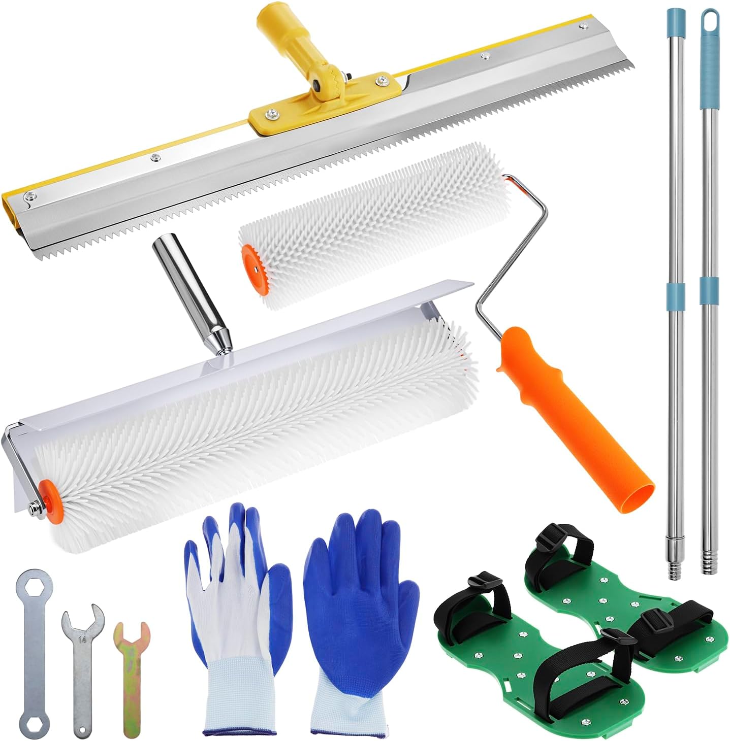 Self Leveling Tools Kit, Includes Spiked Roller, Rake Scraper, Spike Shoes, and Extension Pole for Concrete Floor and Epoxy Applications, Spiked Roller 20 inch 9 inch