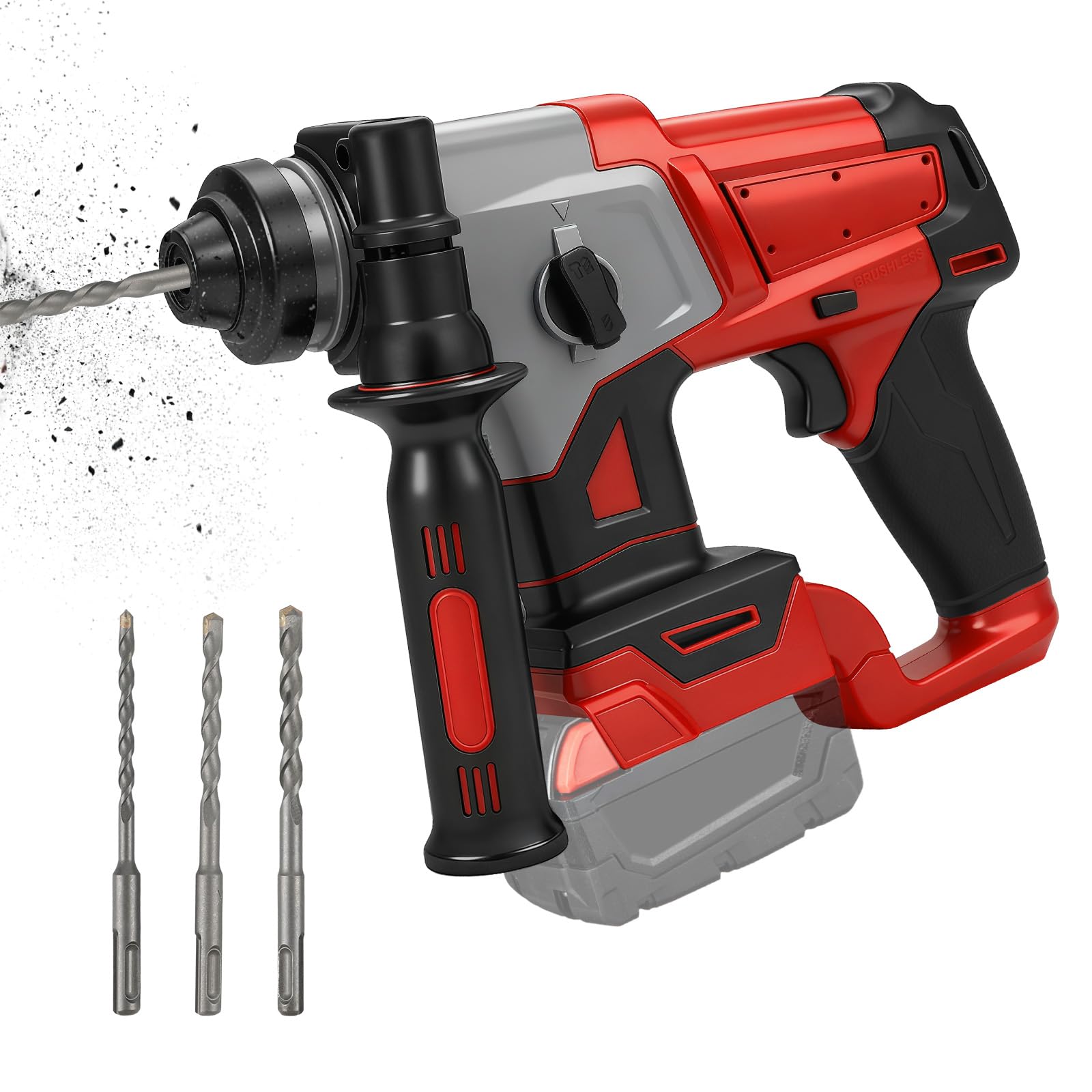 Roadtime 1250W Combination Hammer and Drill Holes Compatible with Milwaukee 18V Battery(without battery),22mm Brushless Drills 3500rpm, 3J Hammer Drill with 3x SDS PLUS Drill Bit