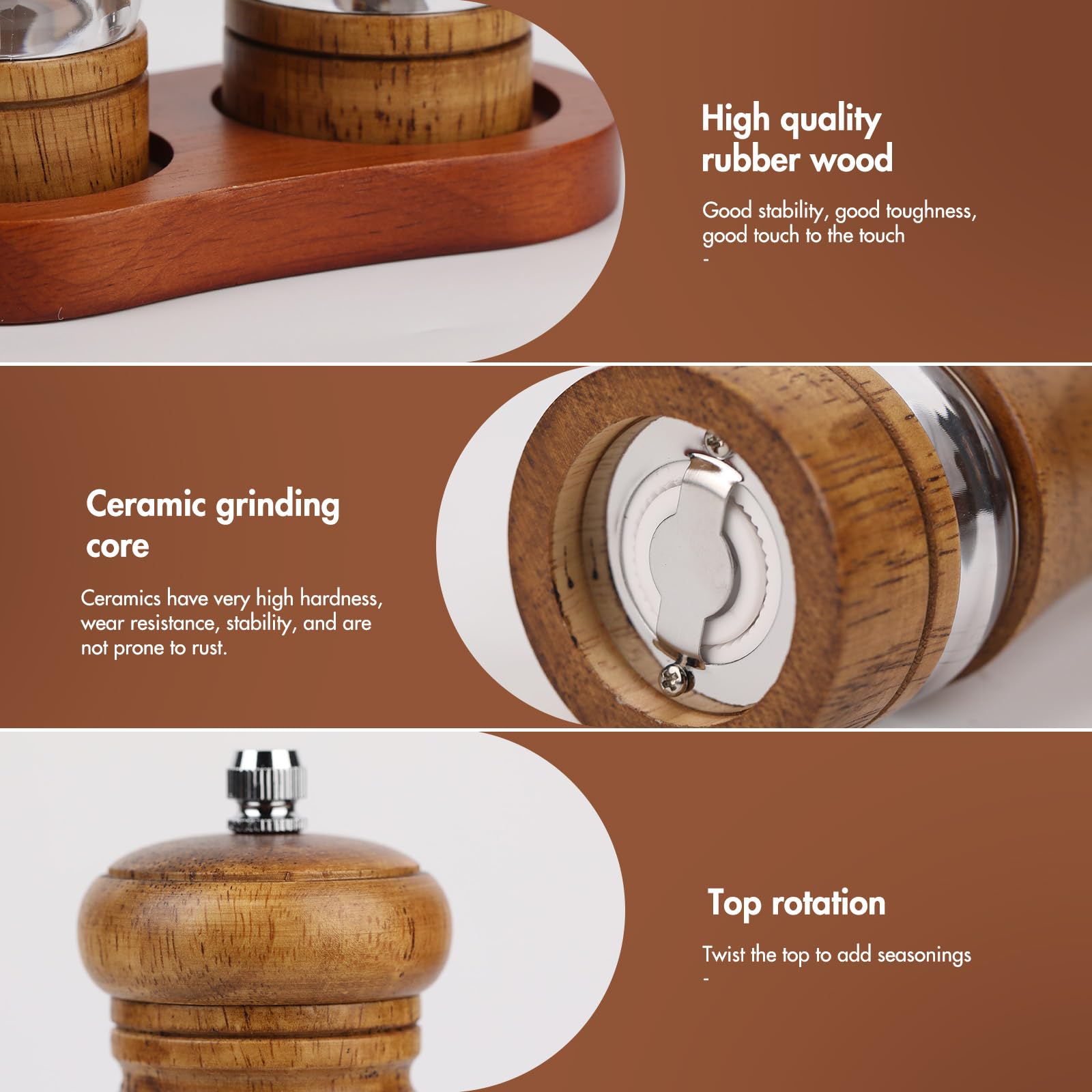 Oak Pepper Grinder Set - Adjustable Ceramic Mills -4