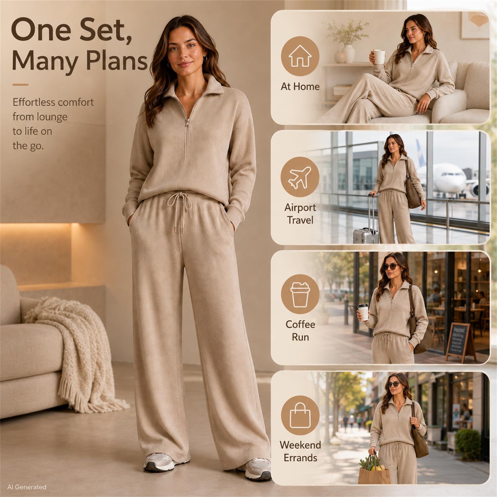 2-teiliges Lounge-Set für Damen, halber Reißverschluss und Hose mit weitem