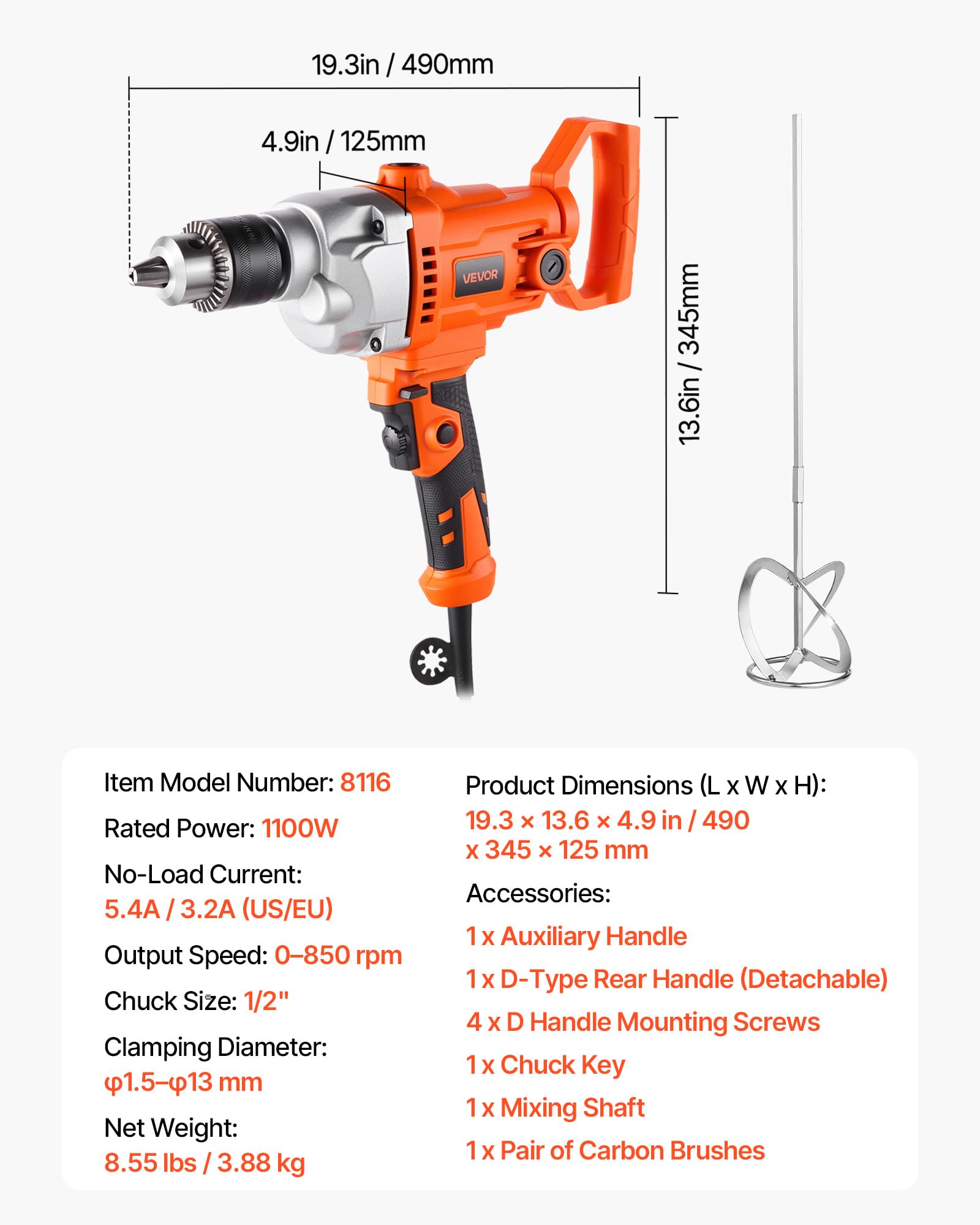 VEVOR elektrische Bohrmaschine 12,7 mm mit Mixer Bohrmaschinenmischer Set 850 U/min 3,2 A Mischbohrmaschine mit D-Griff zum Bohren & Mischen multifunktionale Bohrgerät mit Mischer für Futter Zement