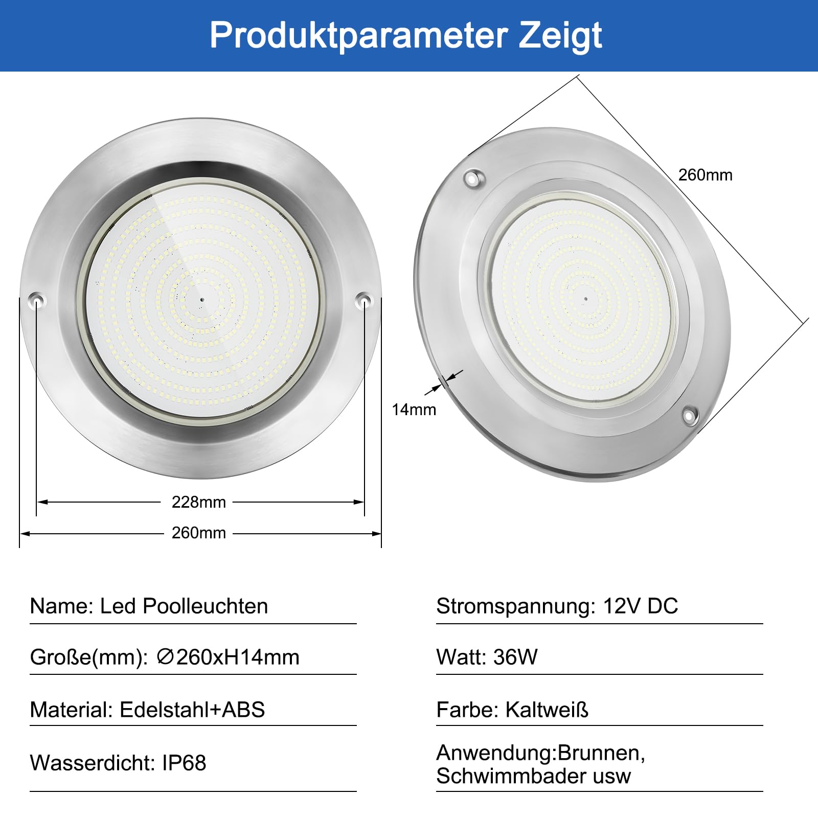 COOLWEST Harz Gefüllt LED Poolbeleuchtung Extra Flach, 36W Kalteweiß, IP68 Wasserdicht, 12V DC, 6000K