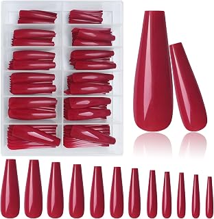 AddFavor XXXL Extra Long Press on Nails Coffin Glossy Red Fake Nails Full Cover Acrylic False Nails 12 Sizes 120pcs Nail Tips for Women Fingernails Manicure Design