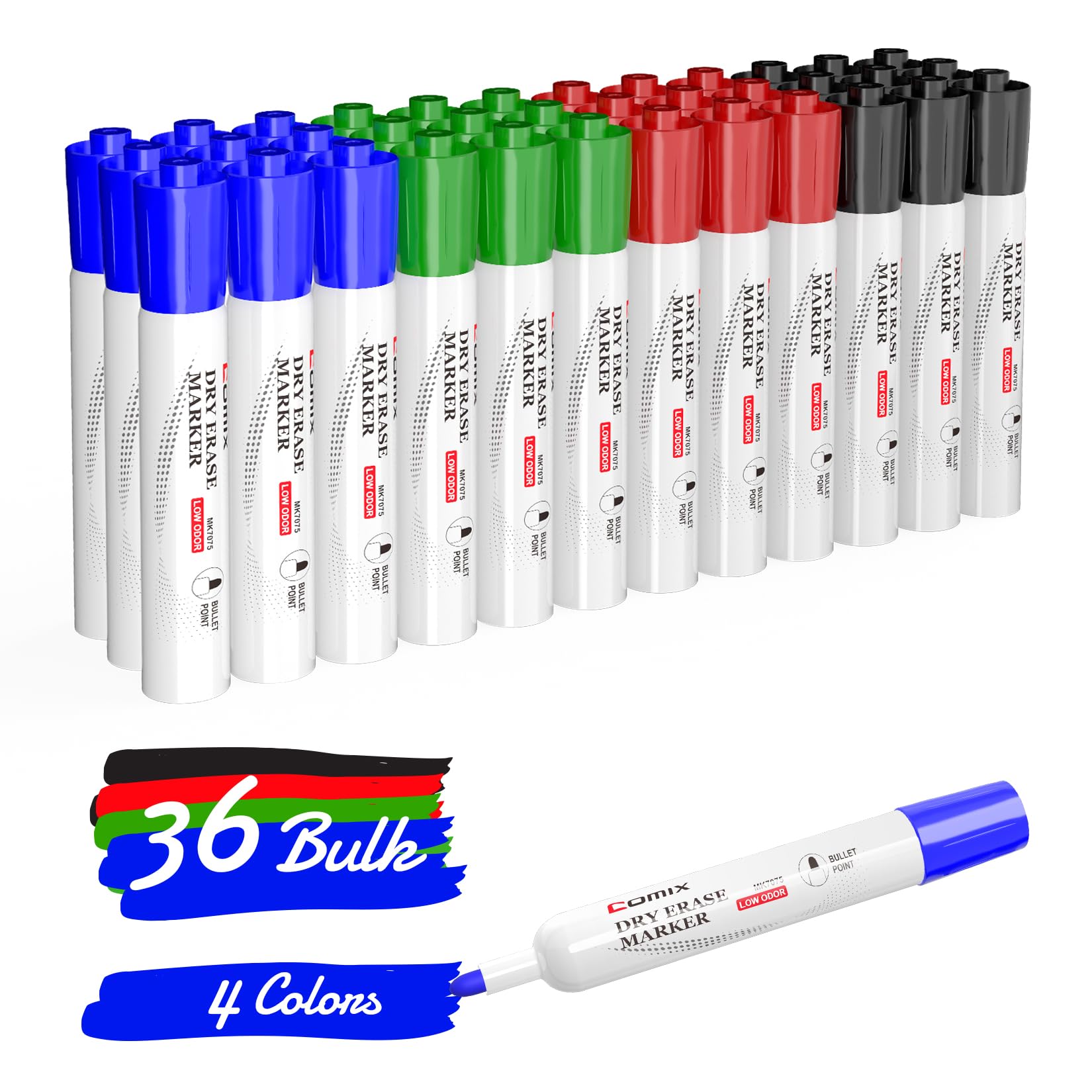 Comix Rotuladores Pizarra Blanca, Rotulador Pizarra Blanca de Punta de Bala Whiteboard Marker, 36 a Granel, 4 Colores Surtidos, Ideales para el Hogar, las Escuelas o la Oficina