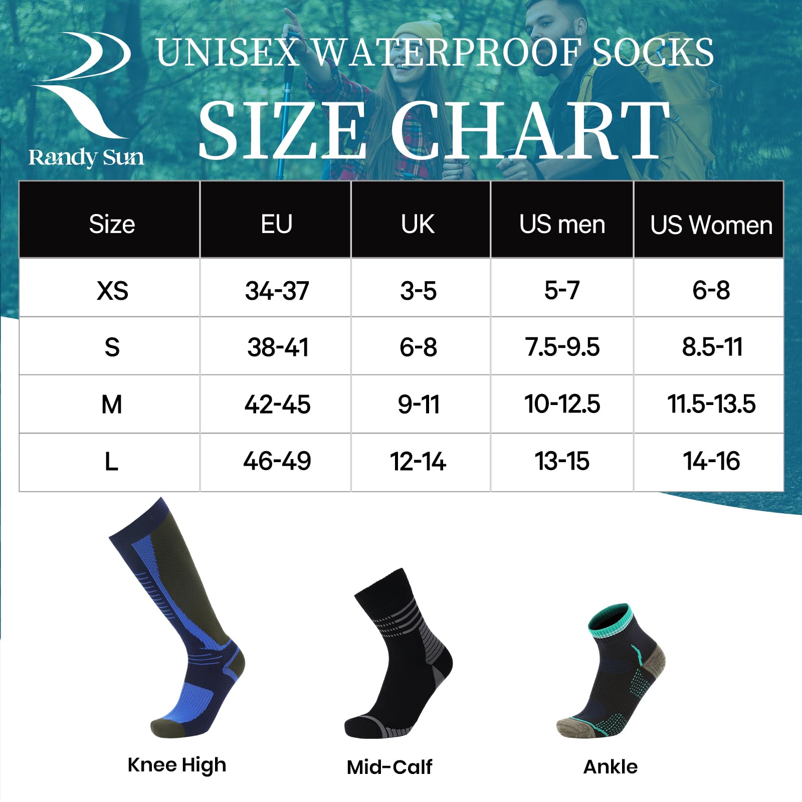 RANDY SUN Chaussettes Imperméables pour Femmes Hommes Respirant Résistant au Froid Sports Plein Air 1 Paire