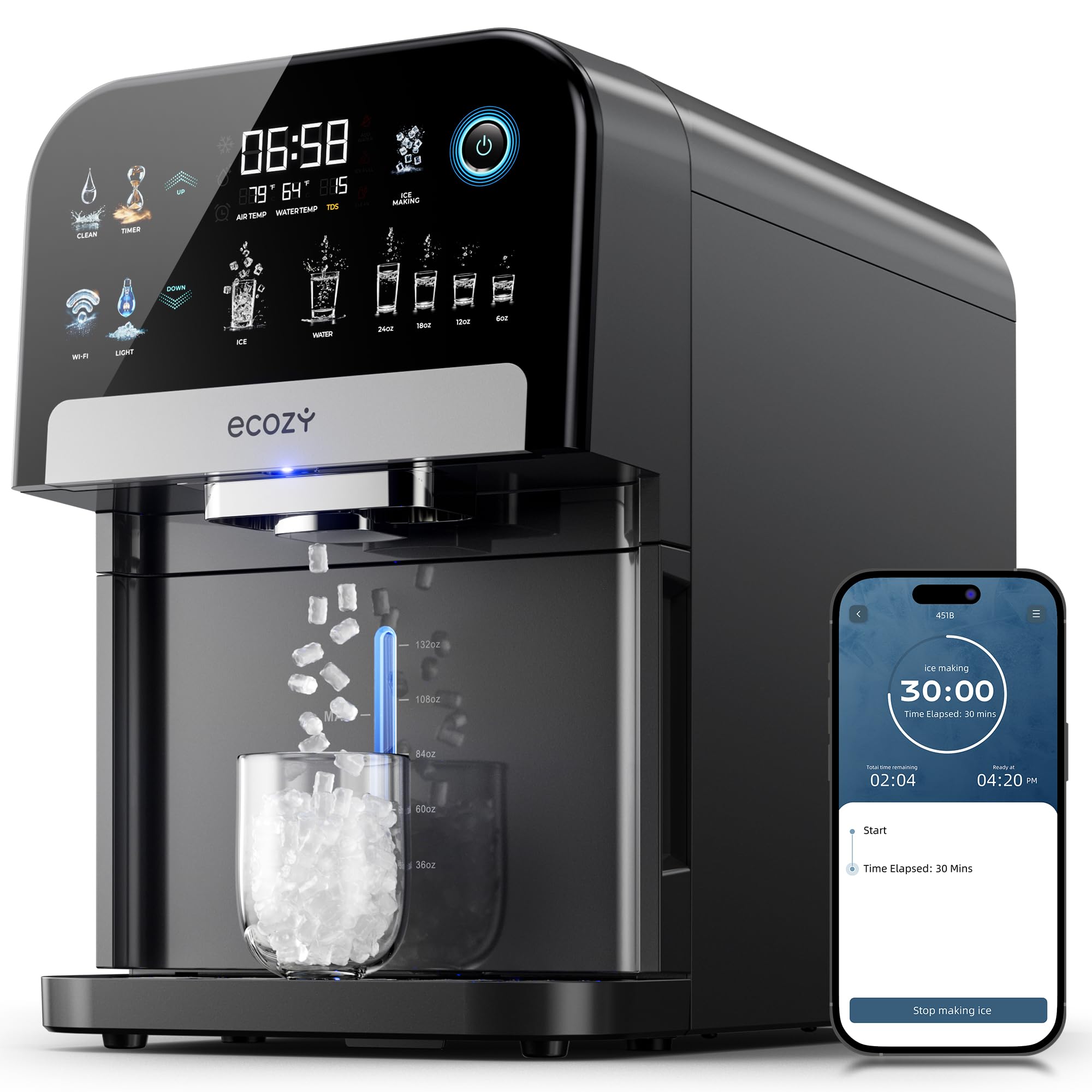 ecozyNugget Ice Maker Dispenser, Smart 2-in-1 Pebble Ice Machine Countertop & Water Dispenser with App Control, Self-Cleaning, Auto Lighting, TDS Monitor, Measured Dispensing, 33Lbs/Day
