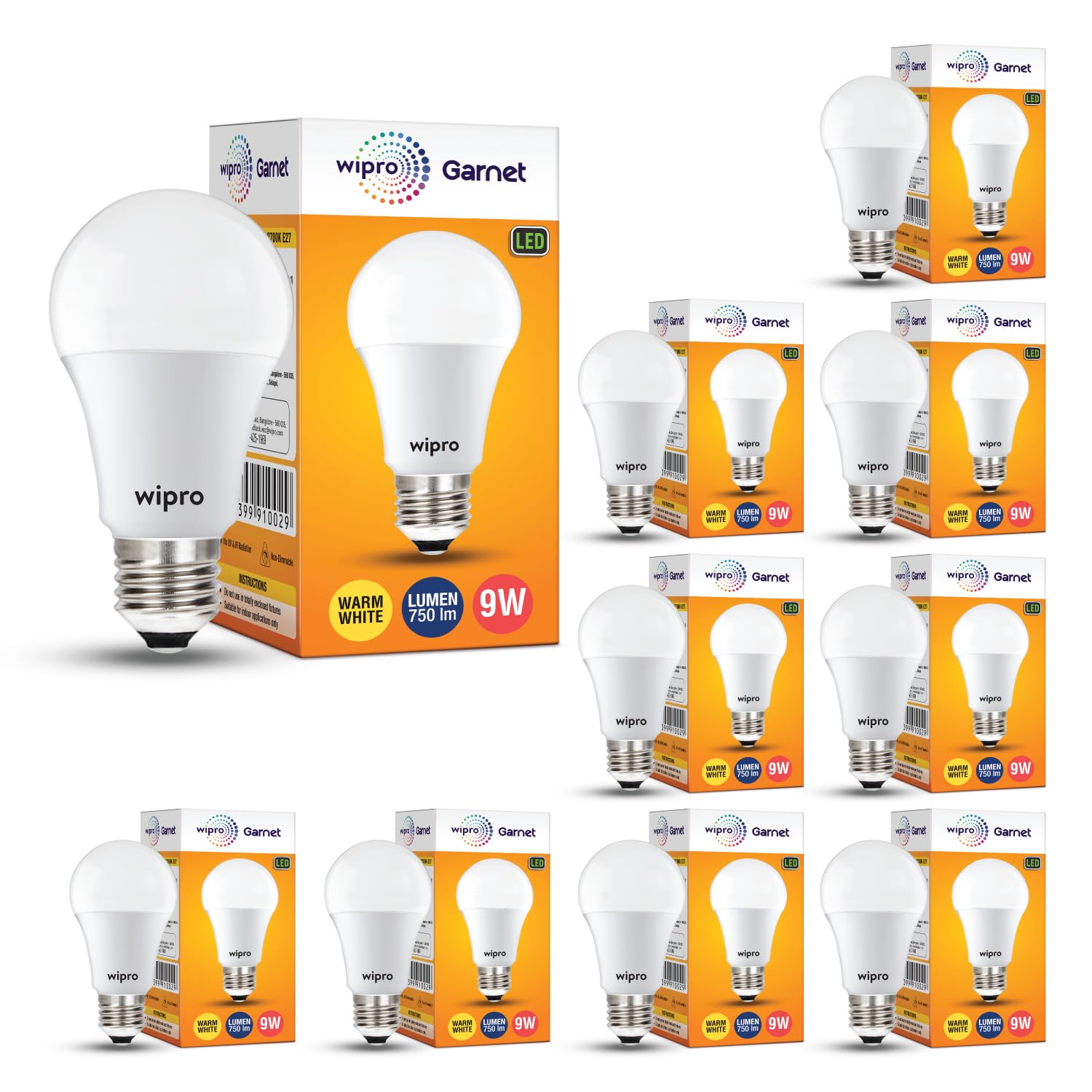 wipro Garnet 9W LED Bulb for Home & Office |Warm White (2700K) | E27 Base|220 Degree Light Coverage |4Kv Surge Protection |400V High Voltage Protection |Energy Efficient | Pack of 10