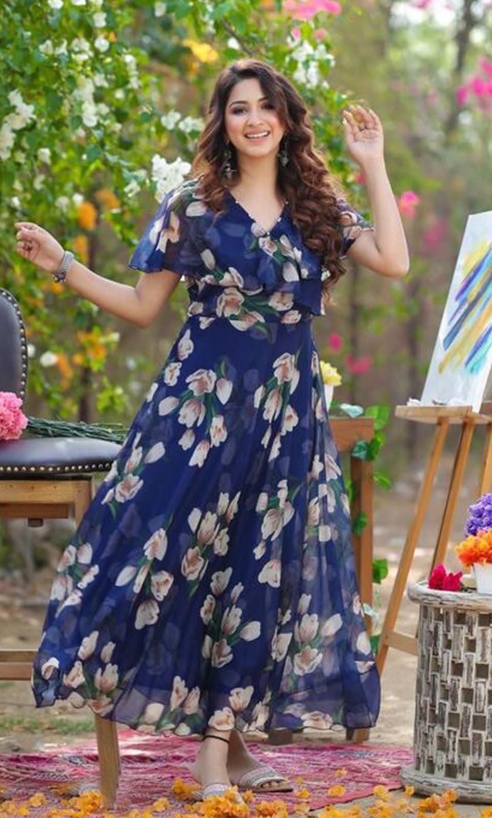 Sugathari Women's Georgette Digital Floral Printed Gown Dress For Women (Gown Dress2 35 N Blue Xxl)