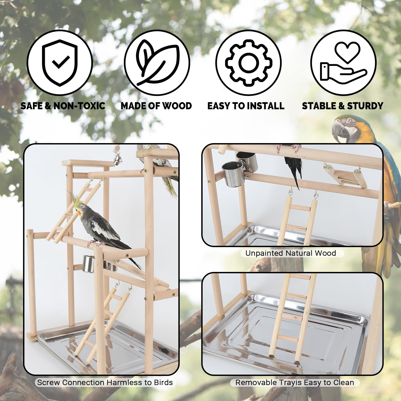 Parco Giochi per Pappagalli in Legno 44x31x79 cm con Tazza e Vassoio