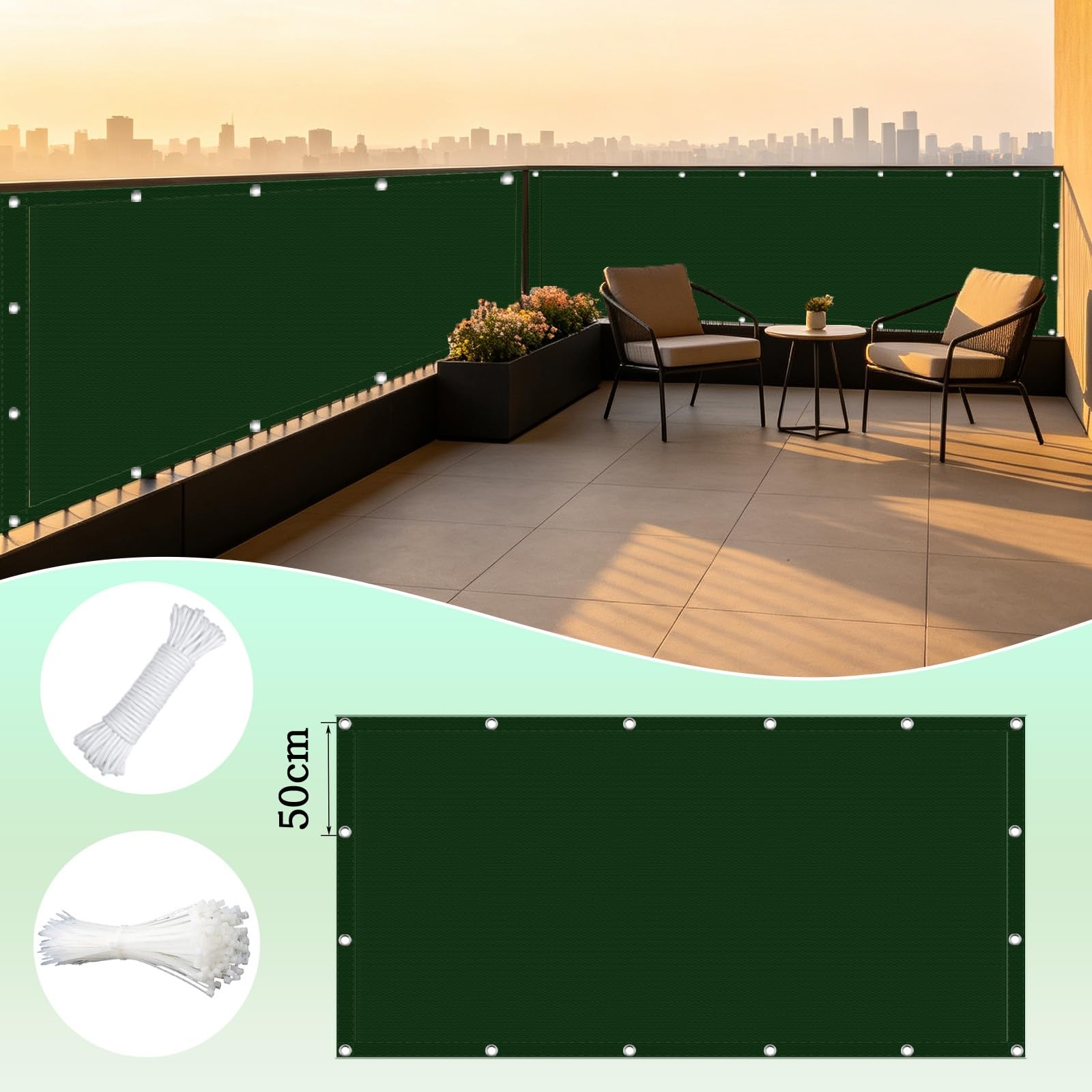 Frangivisto Balcone 70 x 700 cm Protezione Privacy, Protezione Uv, Antivento e Impermeabile, Solare Cache Vue Balcon con Fascetta per Ringhiera, Verde Scuro