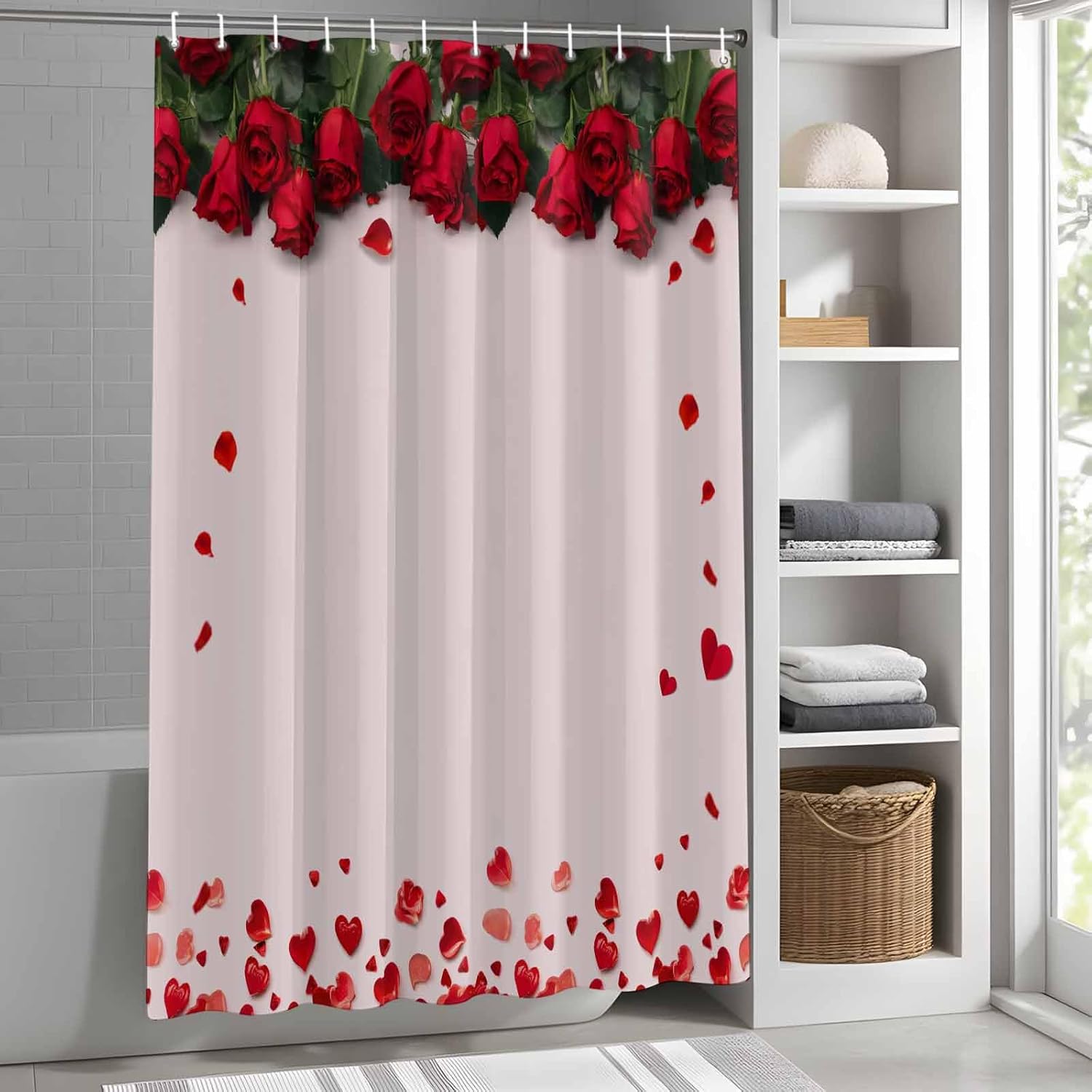 ALAGEO Shower Curtain Red Rose Shower Curtains for Bathroom Decor Flower Petal Printed Bath Curtains Sets with Hooks for Home Decor Waterproof Extra Long 72" X 84"