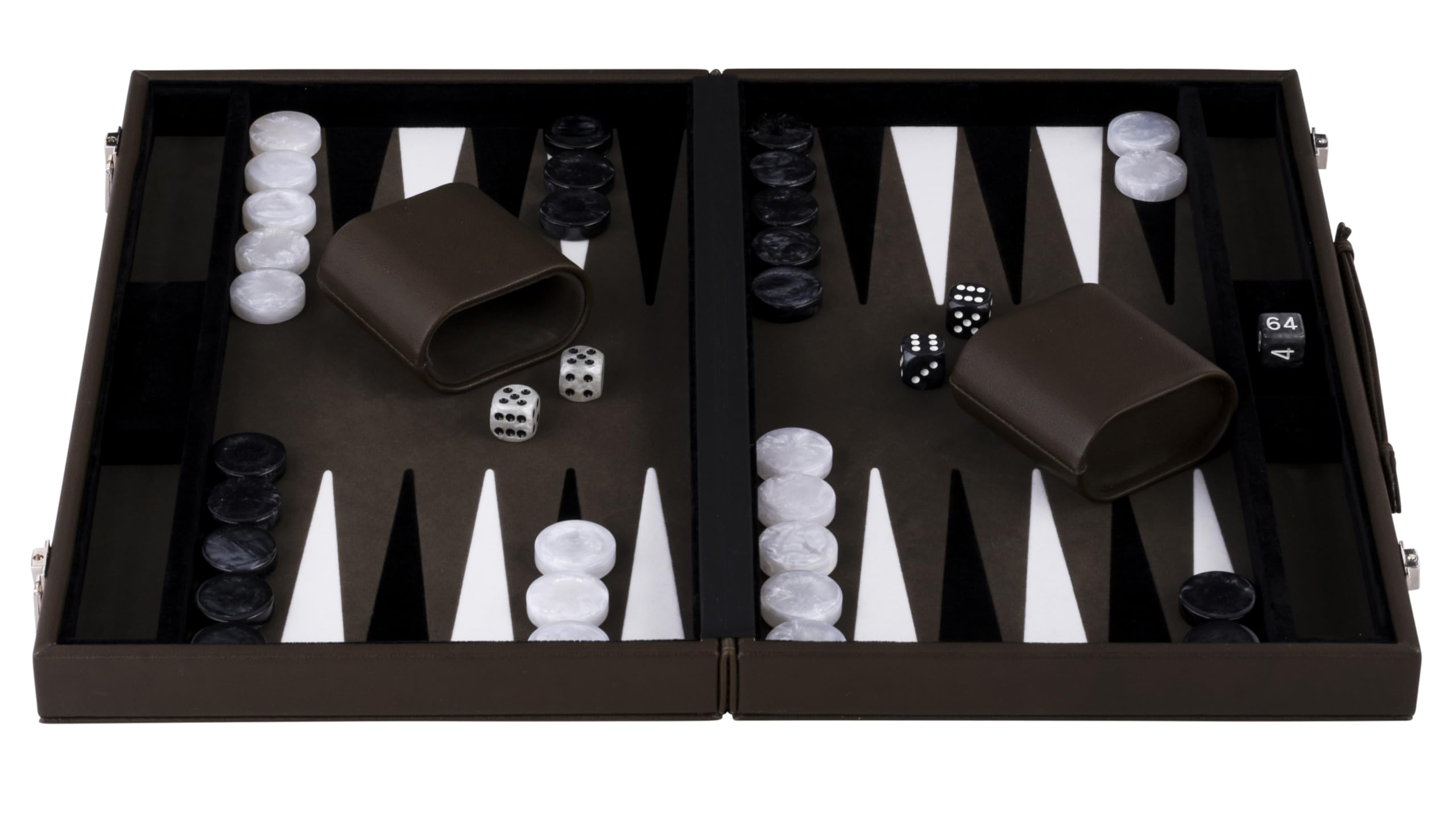 Engelhart-250562 – Backgammon en Cuir 15 Pouces (38.6 cm) Mallette Cuir de Luxe Olive & crème – Incrusté – Ouvert 47,4 × 38,6 cm – Pions Blanc/Noir – Dés et Gobelets – Jeu de Société de Luxe