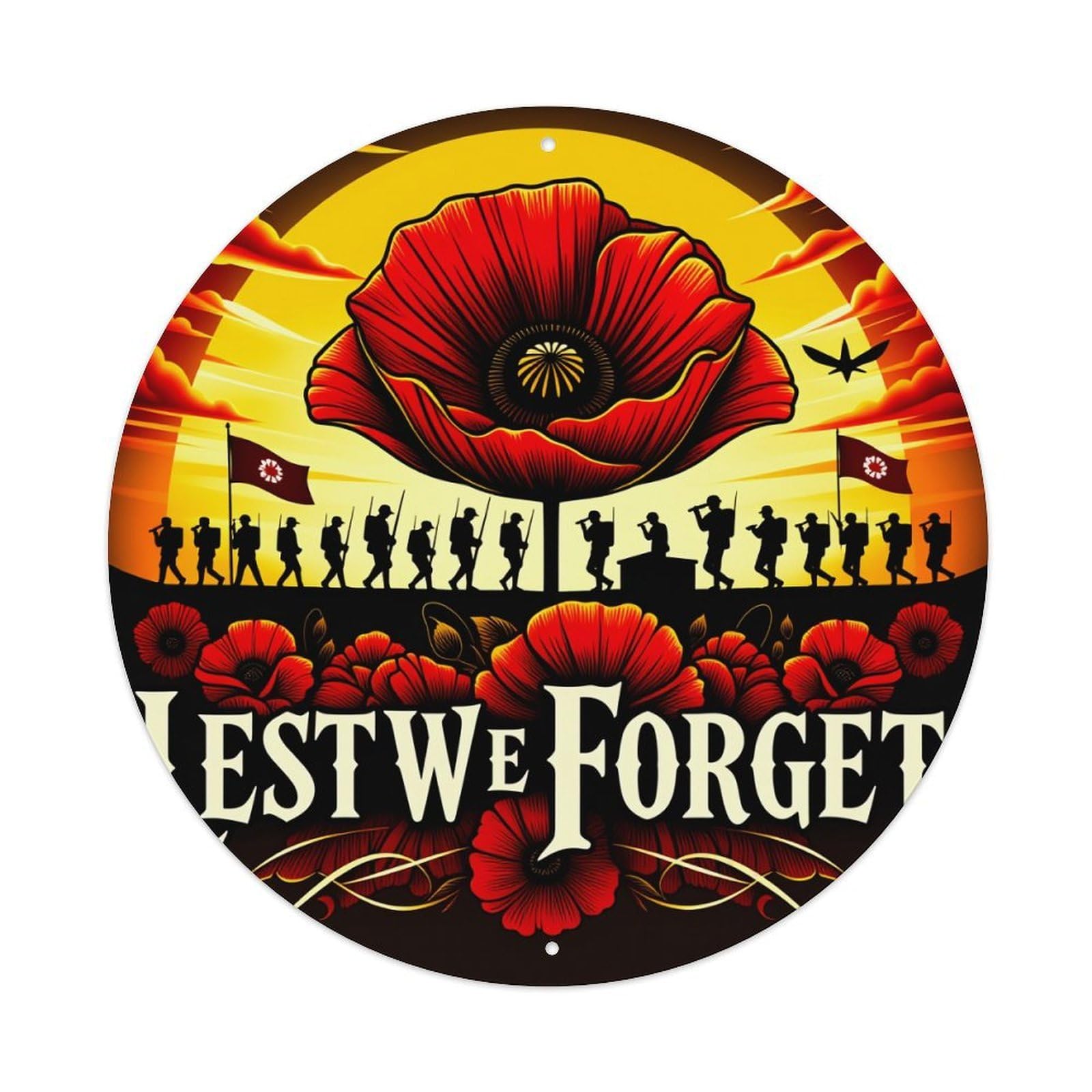 Red Poppy Sunset Soldiers Silhouettes Flags Lest We Forget Round Vintage Tin Sign,Retro Wall Art,Metal Poster for Home, Bar, Garage, Cafe, Rustic Indoor & Outdoor Decor, 8x8 Inches