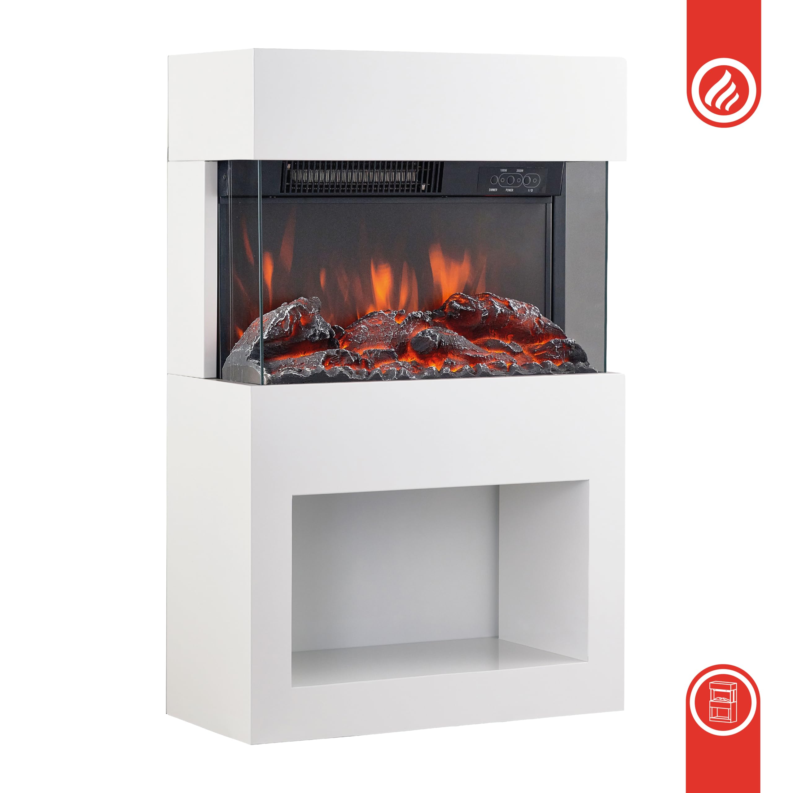 KAMINIO Cheminée Electrique Henri - Poêle Électrique avec Chauffage, Effet de Flamme 3D, Compartiment à Bois, télécommande (Blanc)