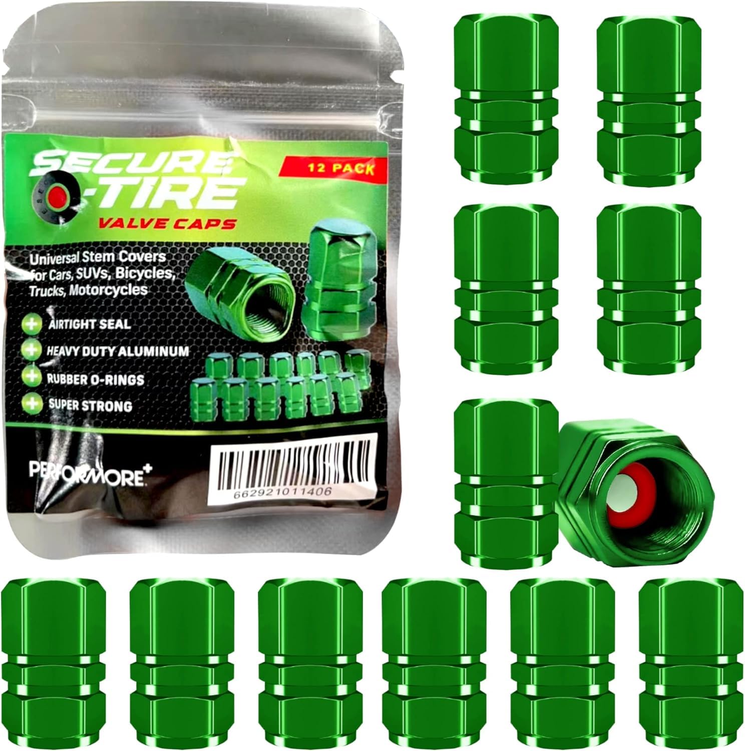 Performore 12 pcs Tire Valve Caps Heavy-Duty Stem Covers, Universal Car Wheel Tire Valve Stem Caps Dust Cover for Cars, SUVs, Bikes, Bicycles, and Motorcycles (Green Aluminum)