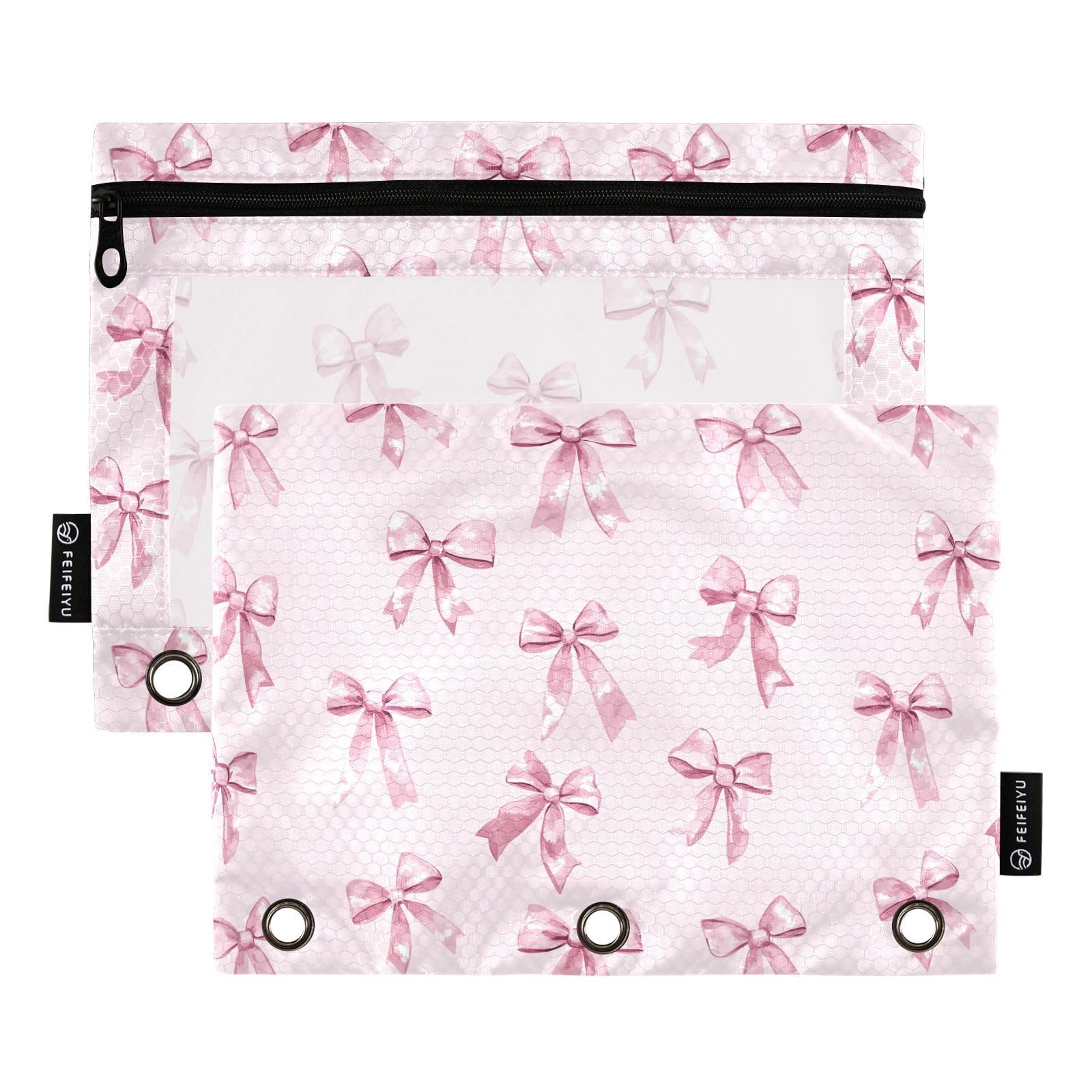 KICPOAY Pencil Pouch for 3 Ring Binder Coquette Pink Bow 2 Pack Clear Window Pencil Bags with Zipper Pencil Case