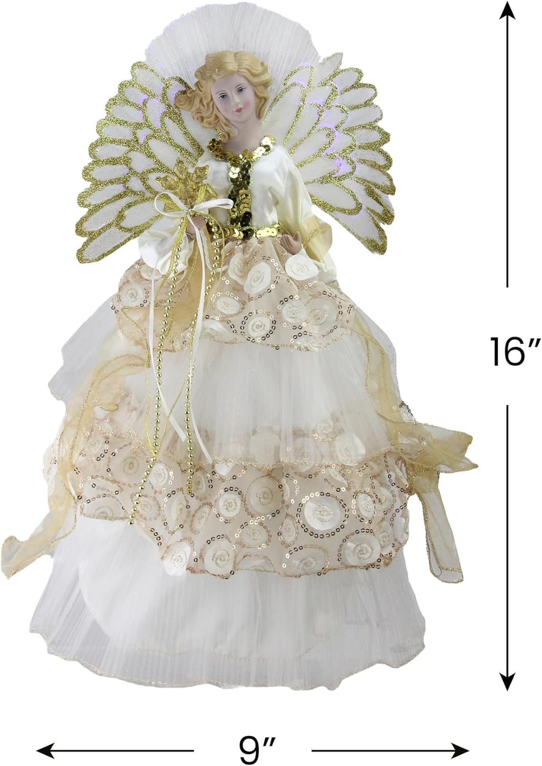 NORTHLIGHT 16" White and Gold Lighted Angel Sequined Gown Christmas Tree Topper