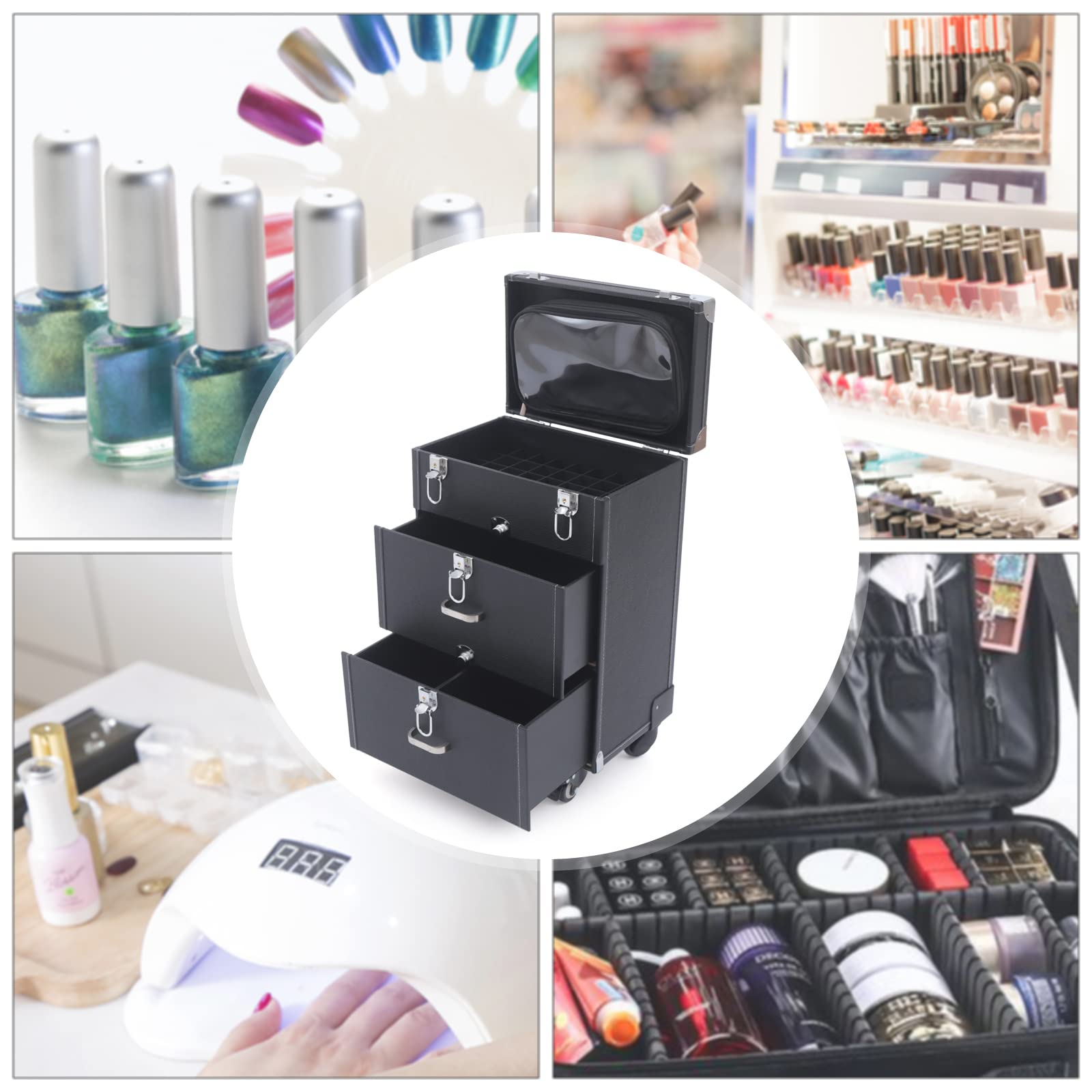 Carro de maquillaje, maletín con ruedas, organizador de esmalte de uñas, joyas de viaje, maletín de viaje cosmético con 4 ruedas, 03 piel sintética, maletín de maquillaje, adecuado para viajes