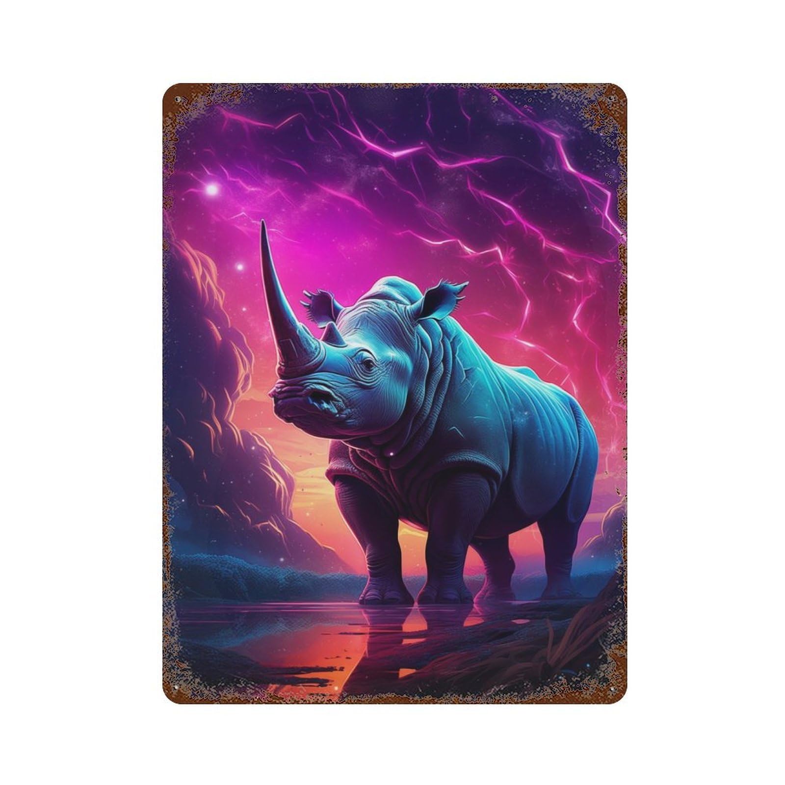 Synthwave Rhino Retro Metal Sign 15.7"x11.8", Ideal for Cafe, Home Bar And Lounge Decor