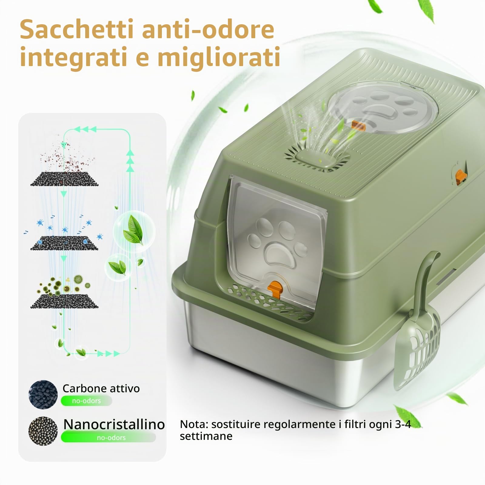 Lettiera per Gatti in Acciaio Inox, Lettiera Gatto Chiusa XXL, 60 x 40 x 39 cm Toilette per Gatti Grande XL con Pala, Cassette igieniche per gatto, Doppio Strato Opaco - Verde